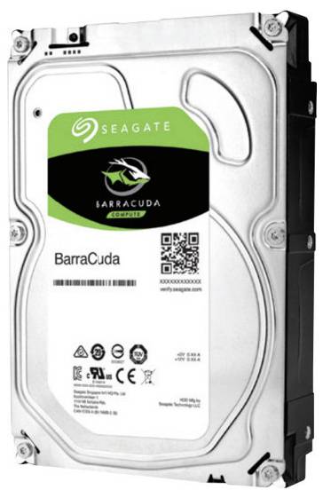 Un disque dur interne Seagate Barracuda avec une étiquette indiquant sa capacité. Il présente un boîtier argenté et un logo vert avec un code QR.