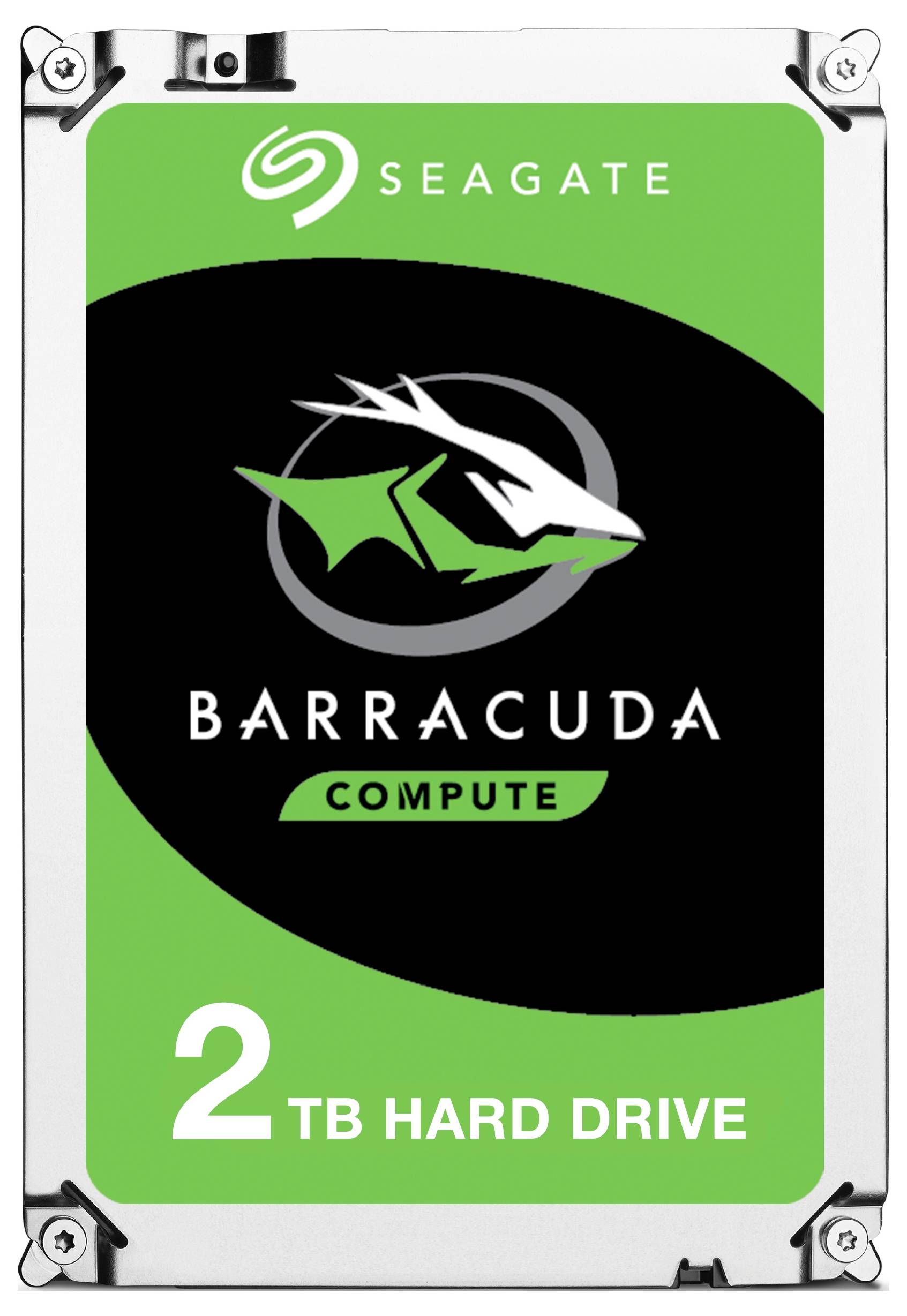 Disque dur Seagate Barracuda Compute de 2 To, étiquette verte avec logo, illustrant la capacité de stockage et la marque.