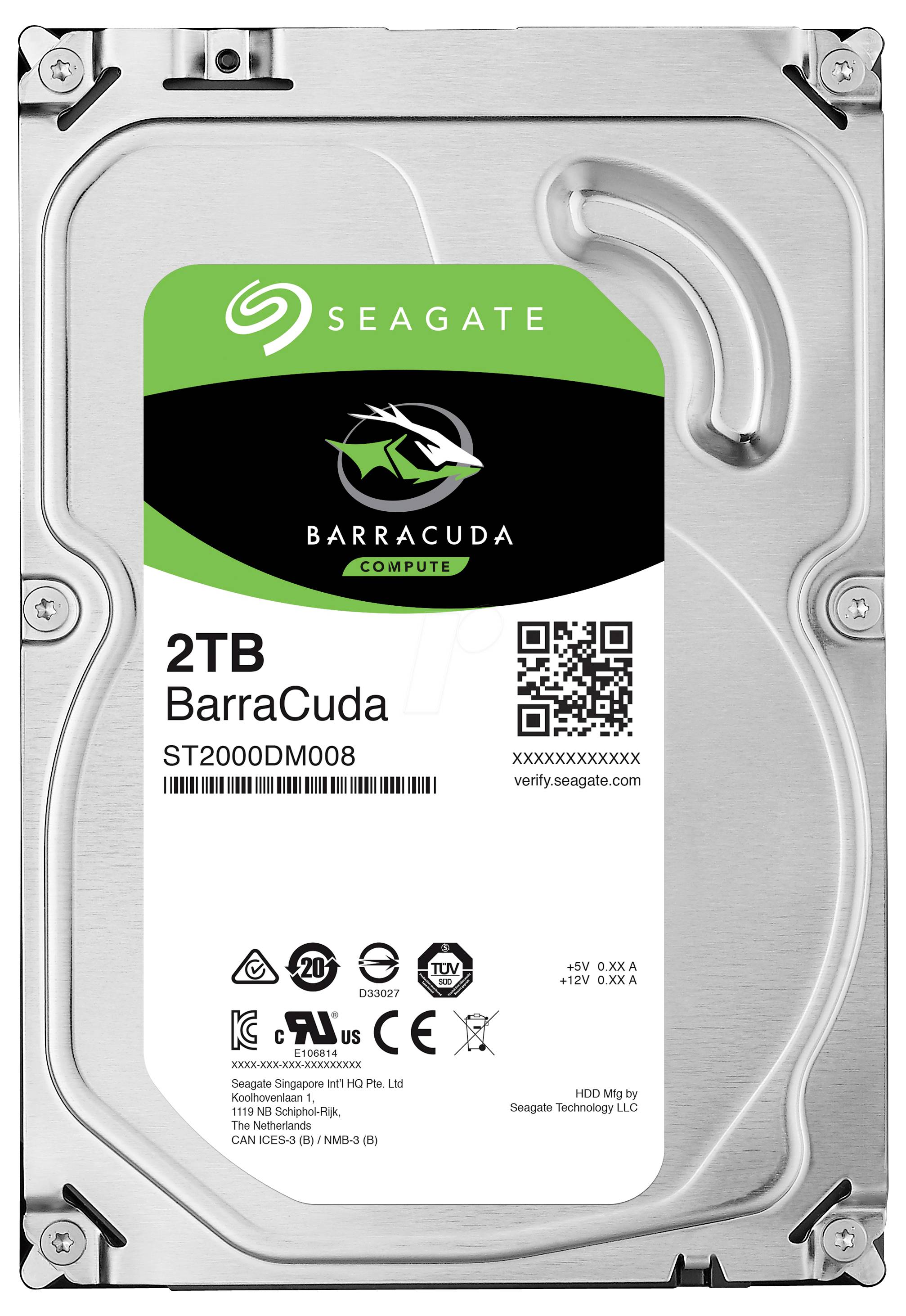 Disque dur interne Seagate Barracuda 2 To, modèle ST2000DM008 avec détails du produit, code QR et symboles de certification sur l'étiquette.