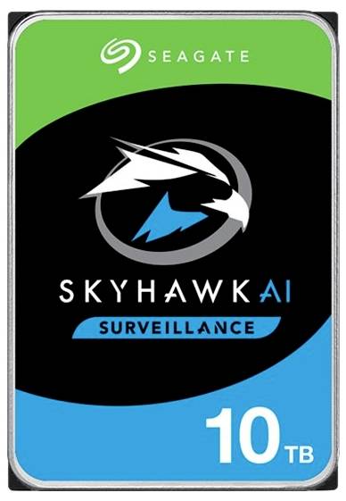 Disque dur de surveillance Seagate SkyHawk AI de 10 To, présentant un design bleu et vert avec un logo de faucon.