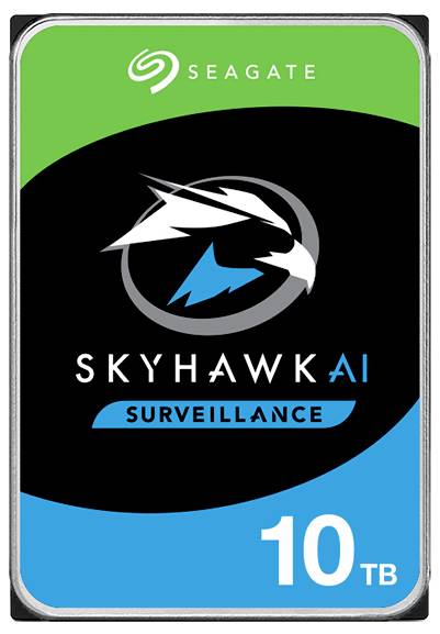 Disque dur Seagate SkyHawk AI Surveillance de 10 To présentant un graphique de faucon stylisé et le logo de la marque.