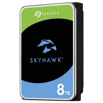 Disque dur Seagate Skyhawk 8 To, doté d'un logo de faucon bleu sur fond noir et avec une bordure supérieure verte.