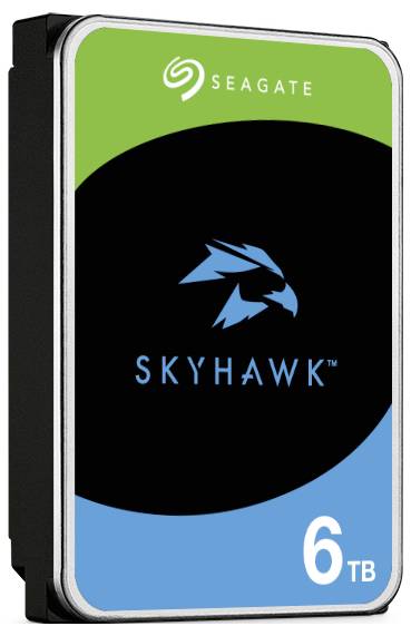 Disque dur Seagate Skyhawk de 6 To, avec une étiquette verte et bleue comportant un logo de rapace, conçu pour les systèmes de stockage de surveillance.