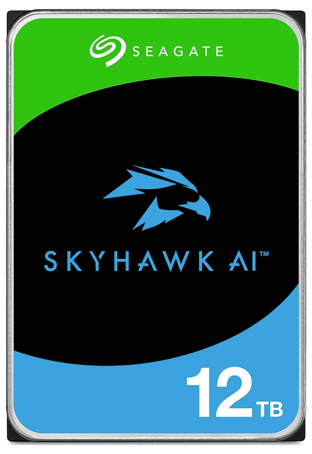 Disque dur Seagate SkyHawk AI de 12 To, avec logo de faucon bleu, conçu pour les applications de surveillance.