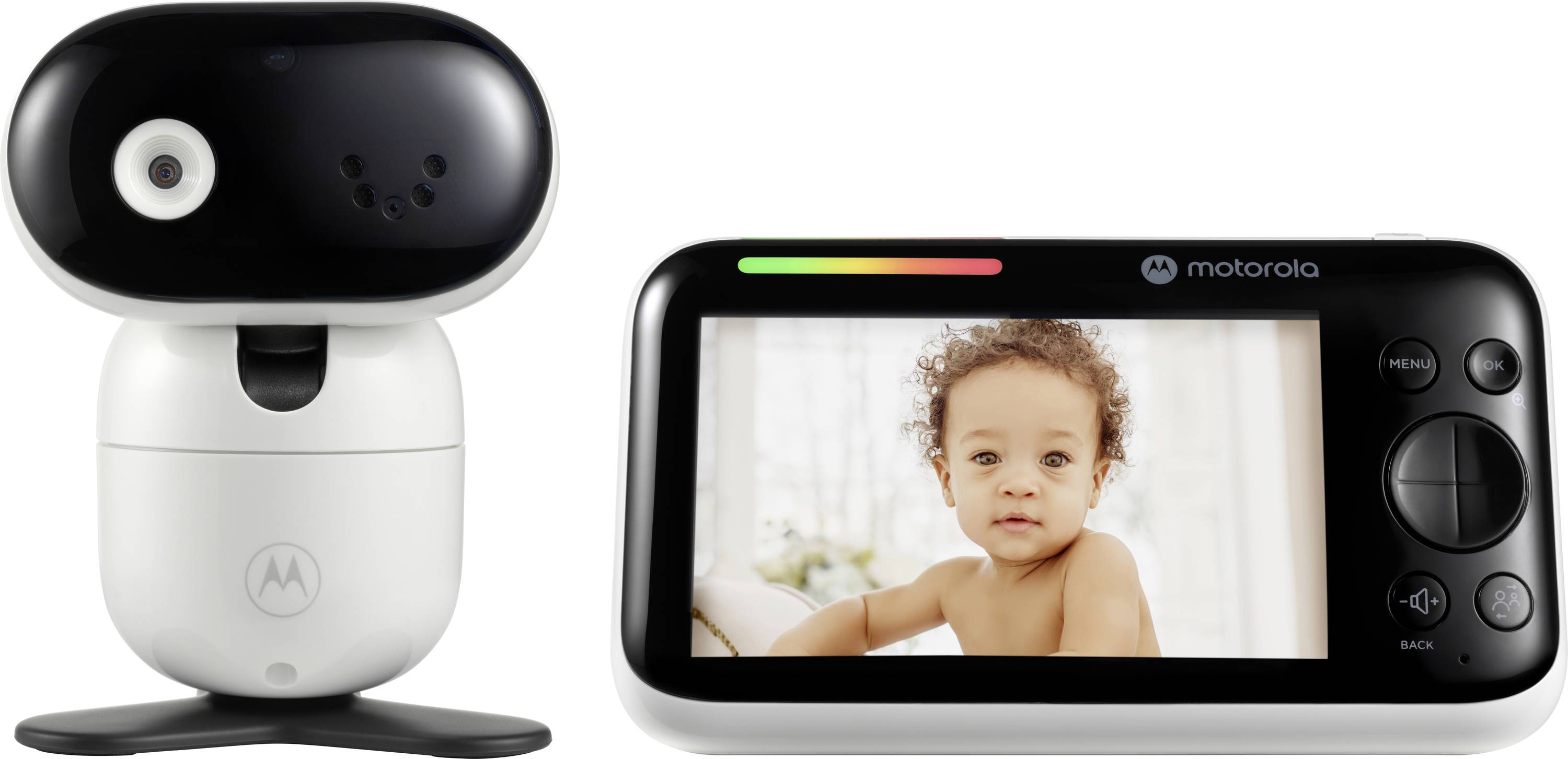 Système de surveillance pour bébé Motorola avec caméra et écran. L'écran affiche un bébé, et la caméra est équipée d'un objectif de vision nocturne.