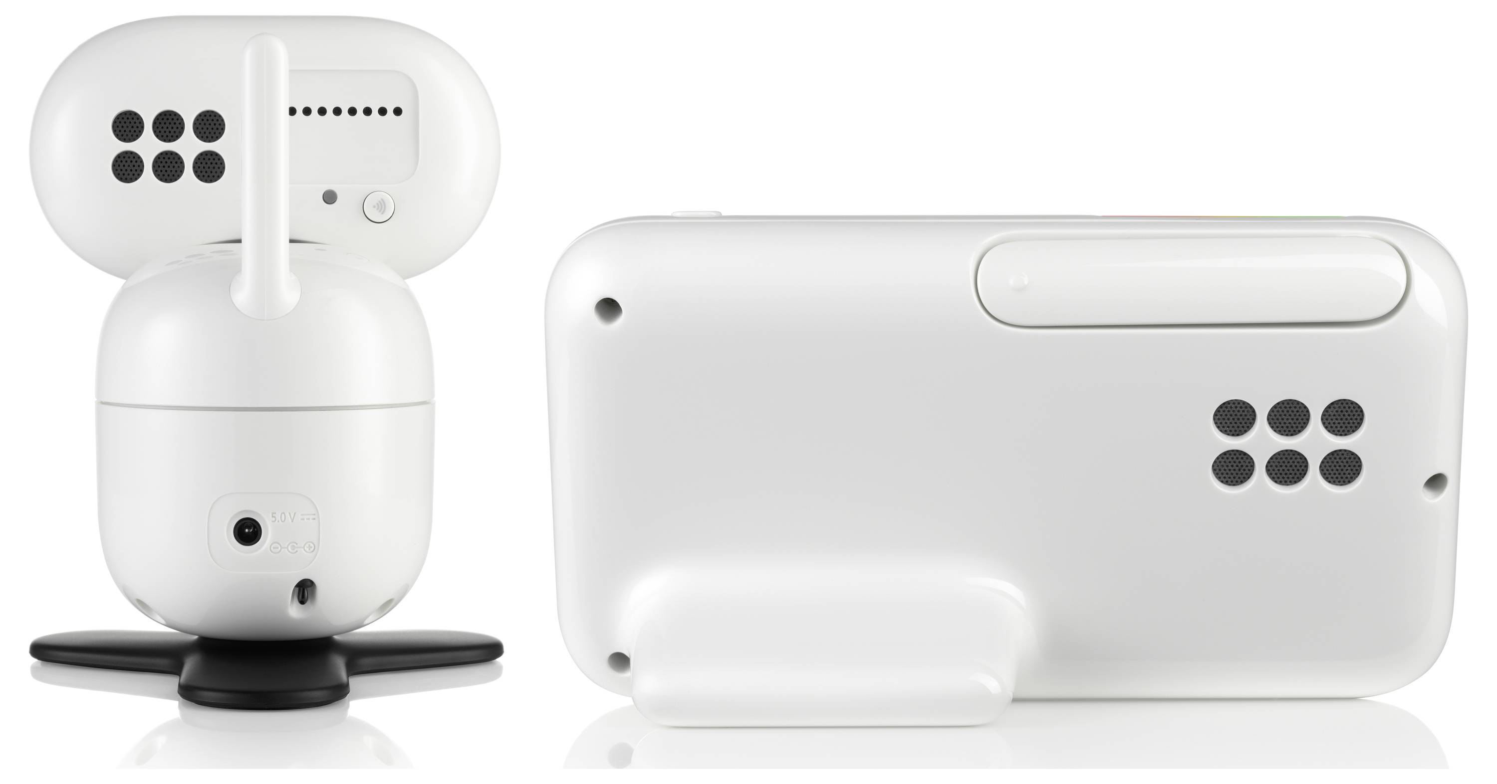 Deux dispositifs de surveillance pour bébé blancs ; une caméra à gauche avec antenne et base, et un récepteur portable à droite dont le côté écran n'est pas visible.