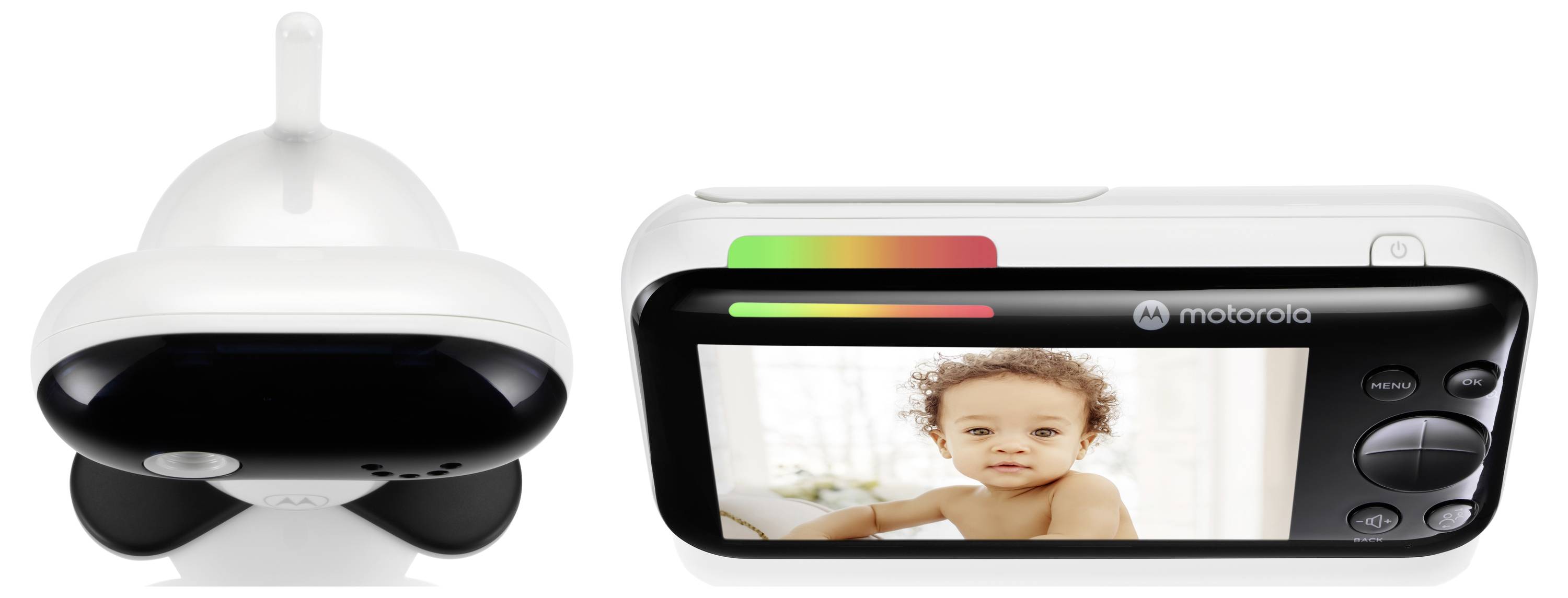 Un babyphone avec caméra affichant un flux vidéo du bébé sur l'écran.