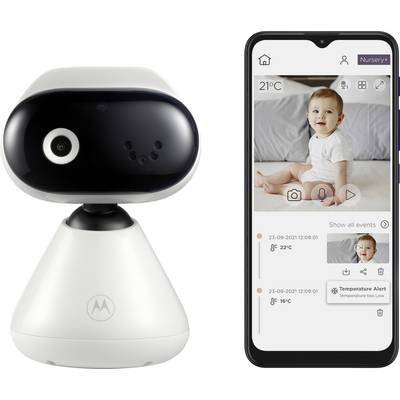 « Un baby monitor intelligent à côté d'un smartphone affichant un bébé sur l'écran avec des alertes de température et des commandes pour la surveillance et l'interaction. »