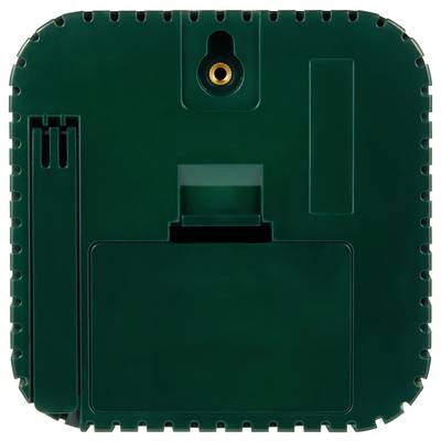 Un dispositif vert, carré, doté d'un capteur circulaire, d'un trou de montage et de divers compartiments, probablement utilisé pour une fonction électronique spécifique.