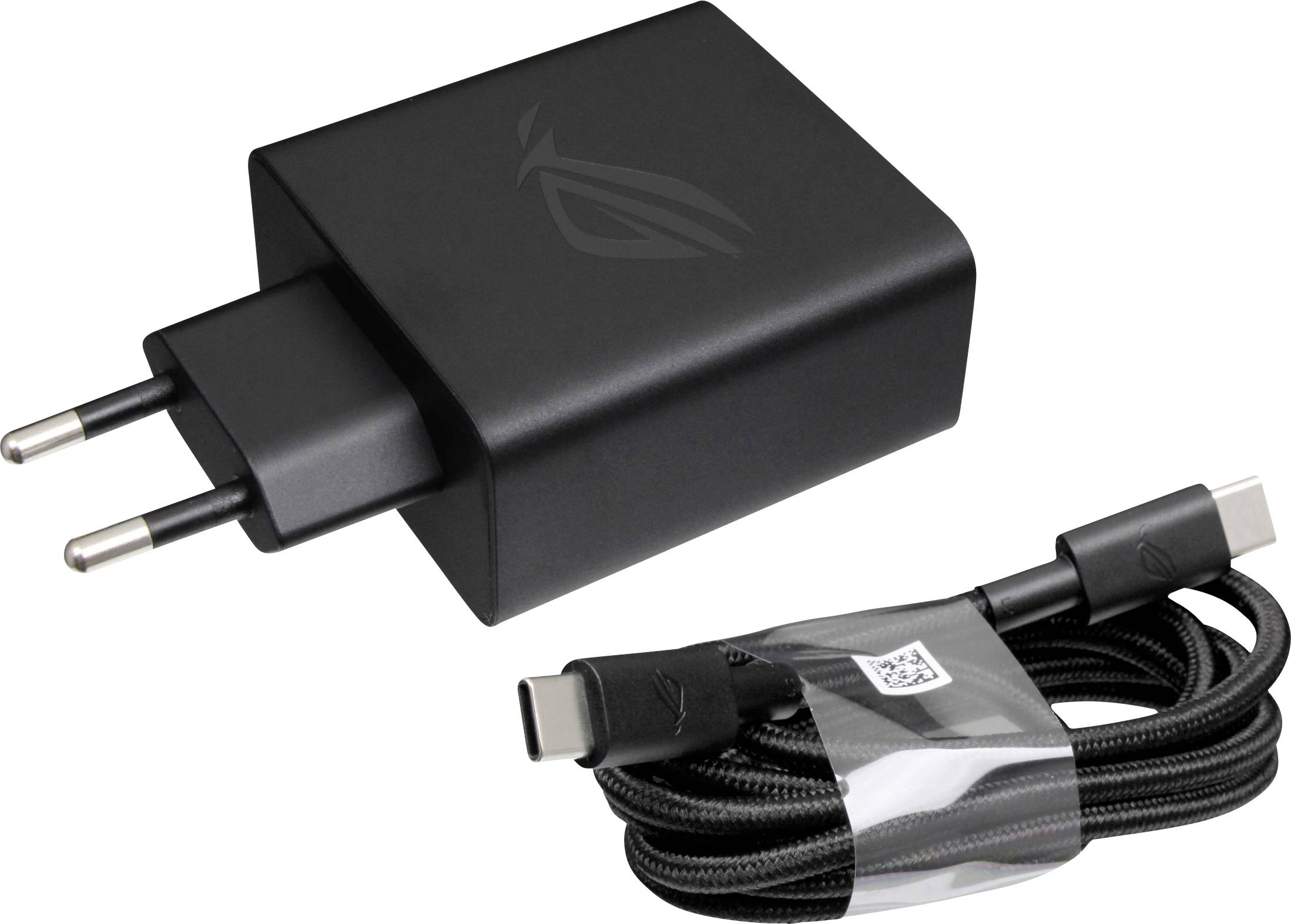 Un chargeur mural noir avec deux broches rondes et un port USB-C, accompagné d'un câble USB-C assorti, enroulé et maintenu.
