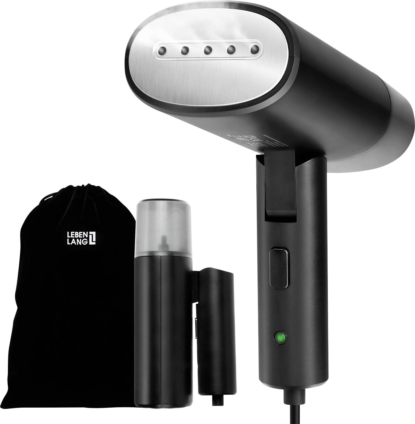 Un défroisseur vapeur portable avec une poignée noire, une plaque de vapeur chromée et un réservoir d'eau. Livré avec un sac de rangement noir et un vaporisateur.