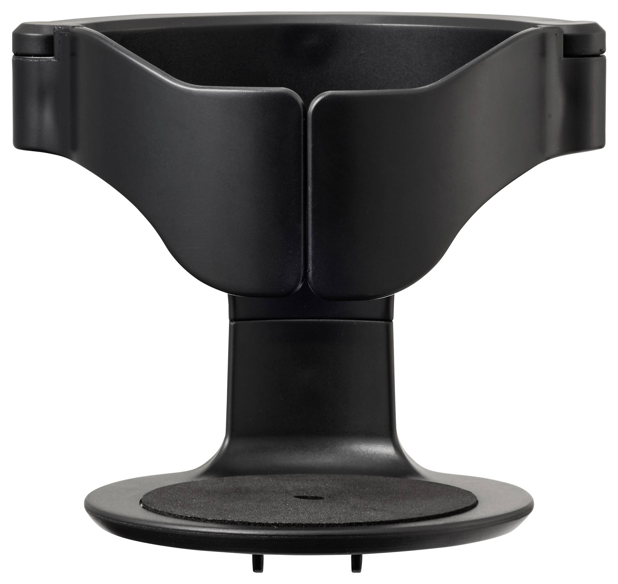 Un support de tasse à café noir conçu pour maintenir une tasse de manière sécurisée, avec une base robuste et des bras de support incurvés assurant la stabilité.