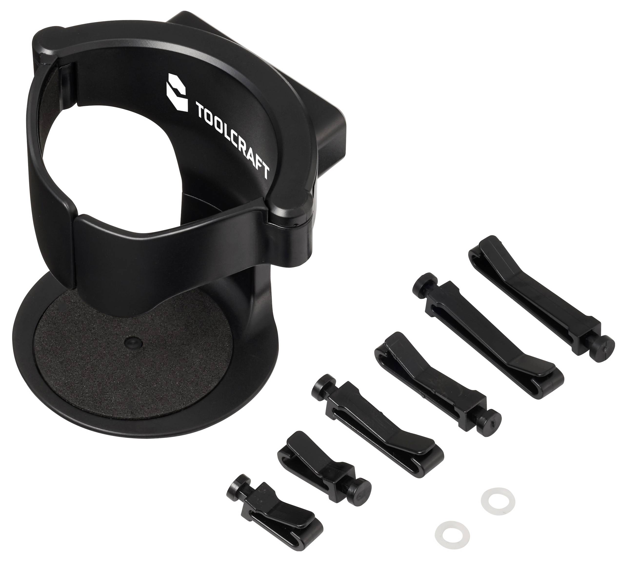 Un support pour fer à souder TOOLCRAFT noir avec une base circulaire, accompagné de plusieurs clips de montage noirs et de deux petites rondelles.