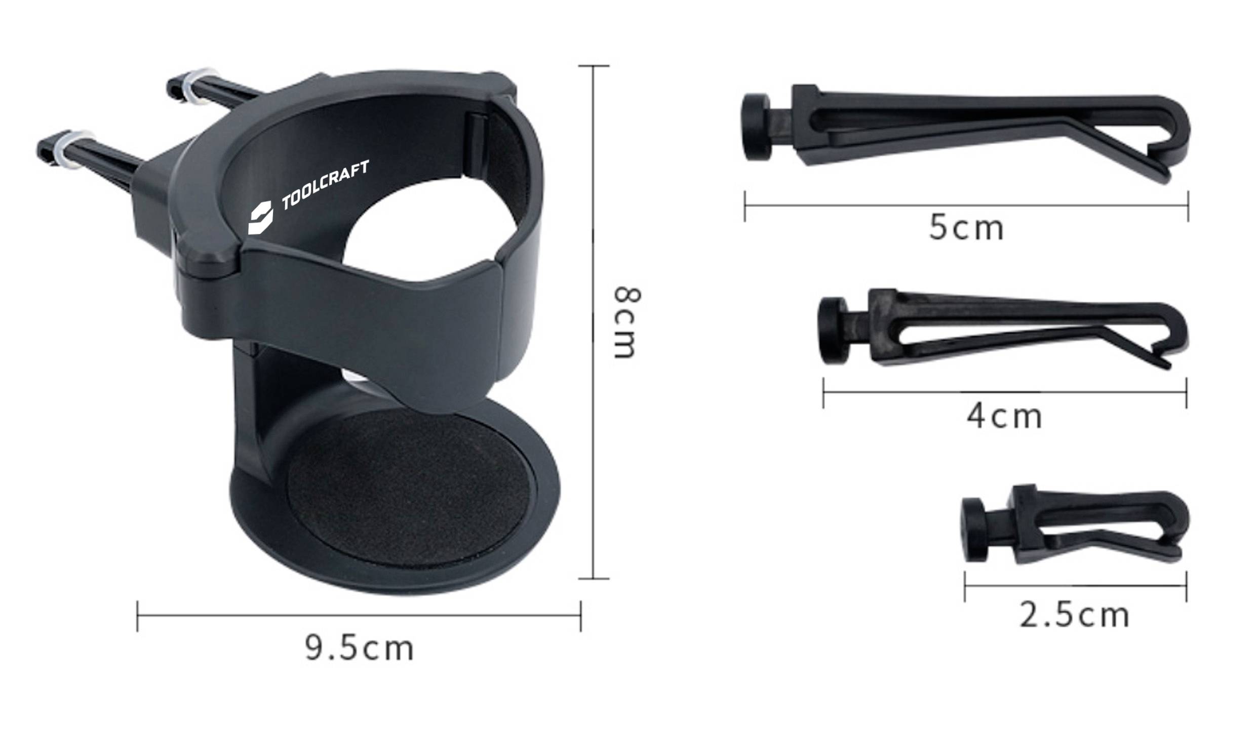Un support de gobelet noir ajustable avec un logo Toolcraft, mesurant 8 cm de hauteur et 9,5 cm de diamètre, accompagné de clips mesurant 5 cm, 4 cm et 2,5 cm.
