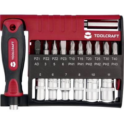 Un ensemble de tournevis TOOLCRAFT rouge et noir avec différents embouts interchangeables étiquetés PZ1, PZ2, PZ3, PH1, PH2, T10, T15, T20, T25, T30, T40.