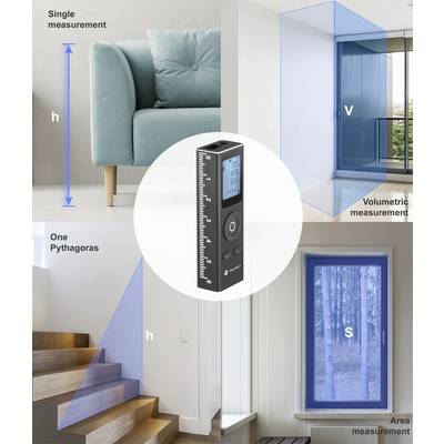 Un appareil de mesure numérique avec une règle, utilisé pour des mesures uniques, pythagoriciennes, volumétriques et surfaciques sur des meubles et des pièces.