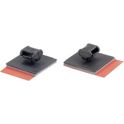 Deux brosses à récurer à manche noir sur des tampons rouges et gris, placées côte à côte. Les brosses semblent être conçues pour nettoyer les surfaces.