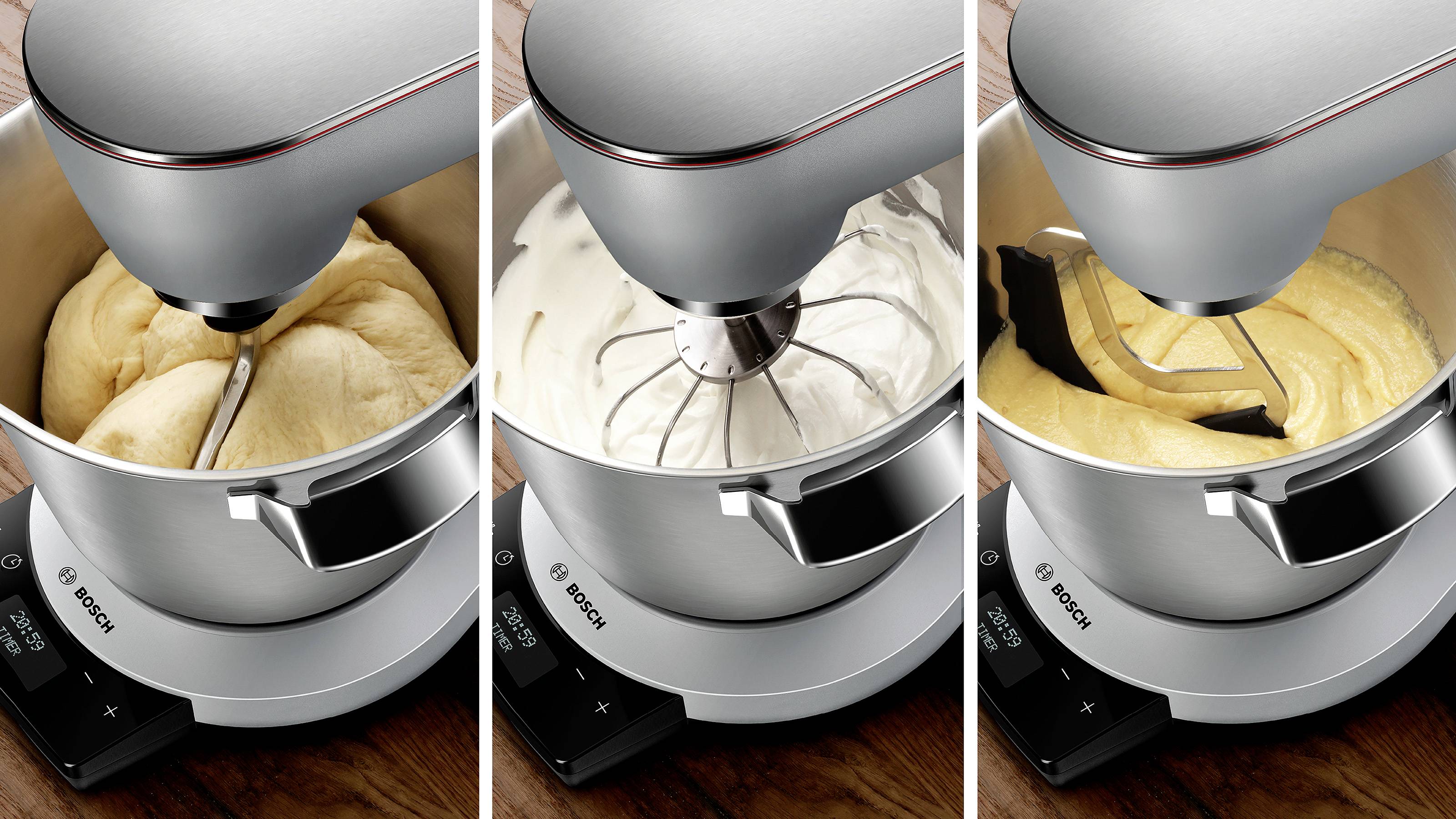 Image à trois panneaux montrant un robot sur socle pétrissant de la pâte, fouettant de la crème et mélangeant de la pâte à gâteau dans des bols en acier inoxydable.