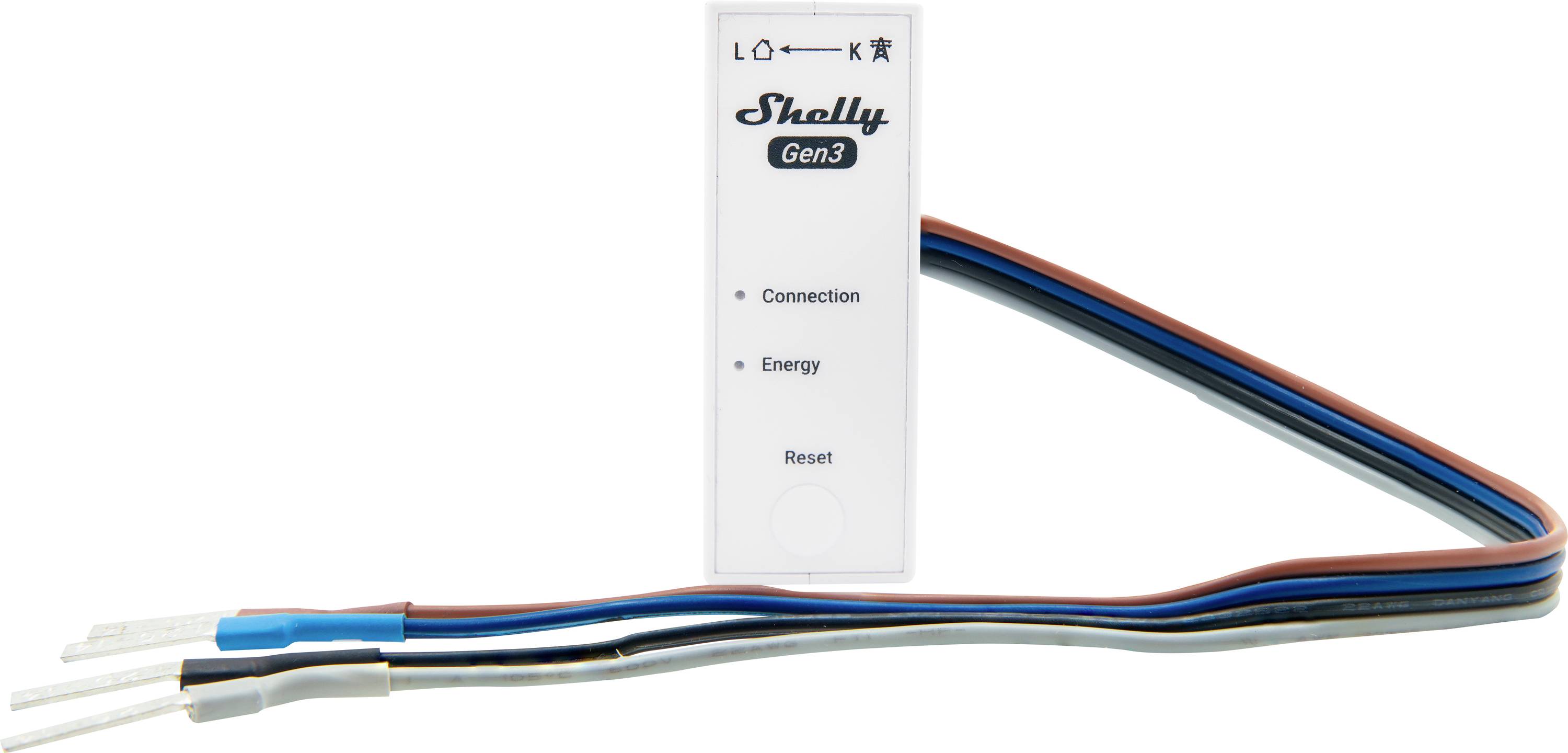 Un appareil domotique intelligent étiqueté 'Shelly Gen3' avec des fils de connexion, d'alimentation et de réinitialisation, conçu pour la gestion de l'énergie.