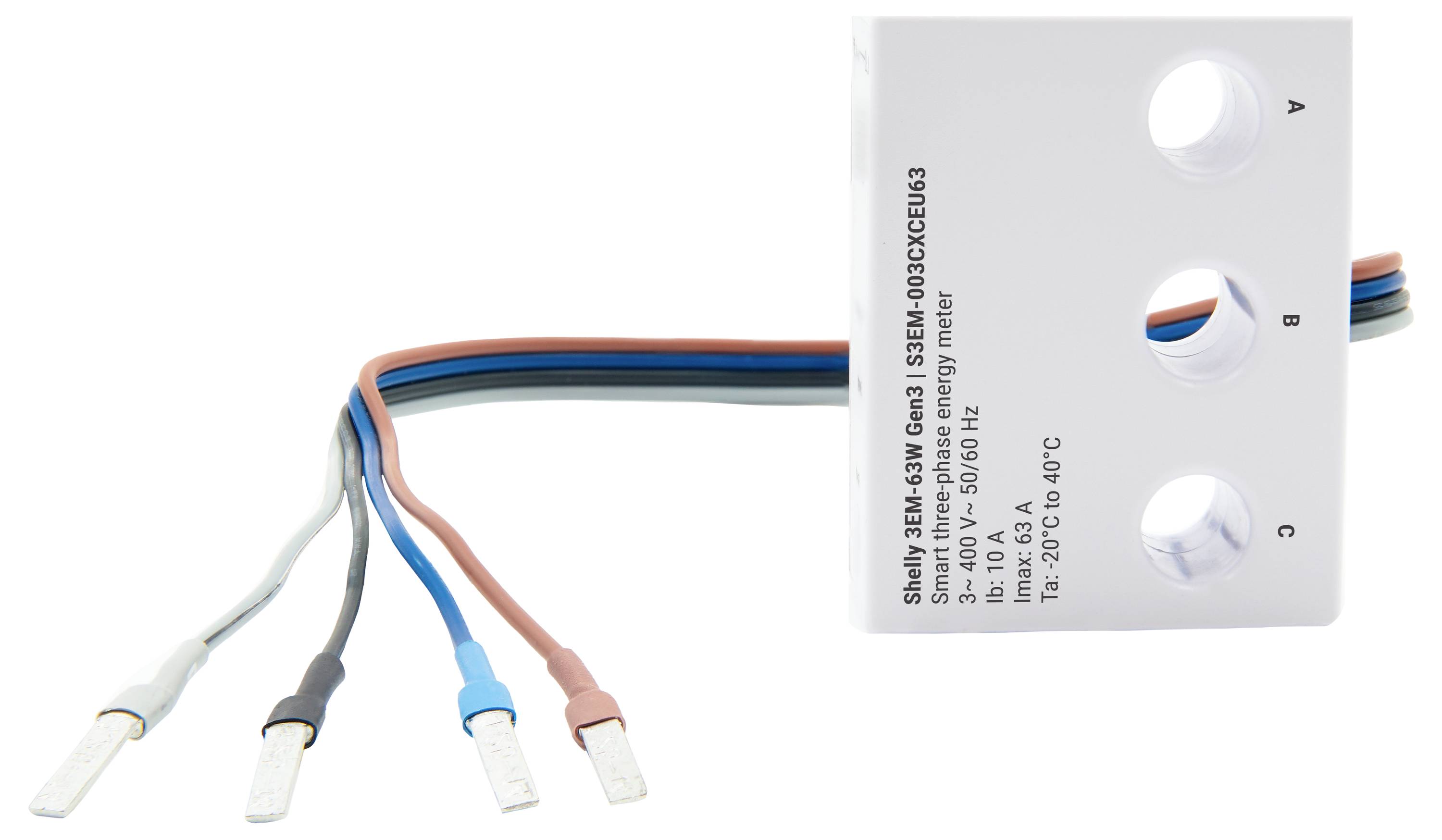 Appareil électrique à trois fils : bleu, marron et noir. L'appareil présente trois emplacements étiquetés : A, B, C, et des spécifications techniques.