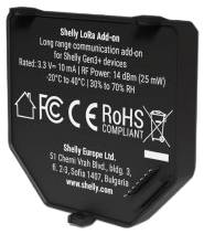 Appareil noir étiqueté « Module complémentaire Shelly LoRa », détaillant les exigences de puissance, les codes de conformité et les coordonnées de Shelly Europe Ltd.