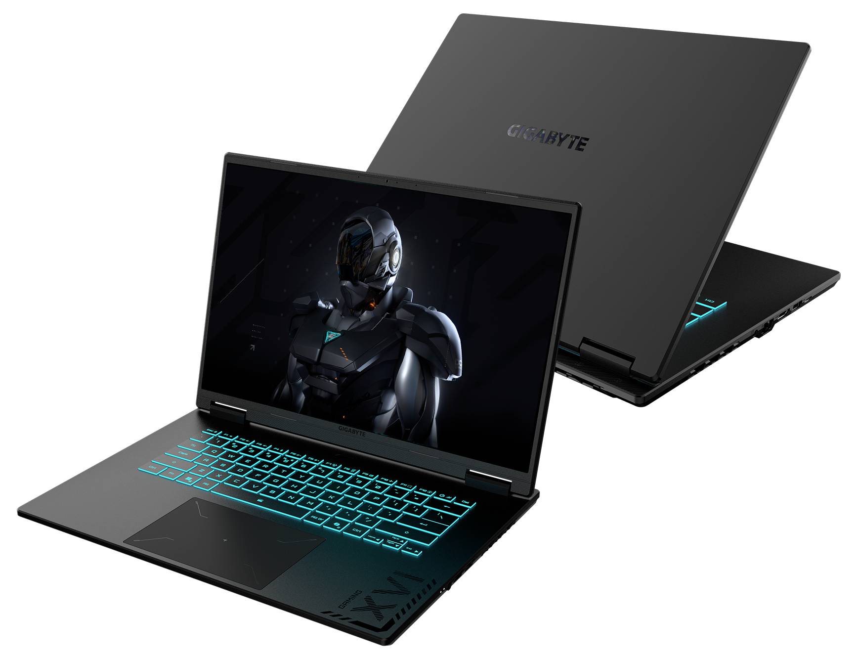 Deux ordinateurs portables sont montrés ouverts avec des claviers lumineux. Les écrans affichent un personnage futuriste revêtu d'une armure, suggérant un contexte de jeu vidéo ou de haute performance.