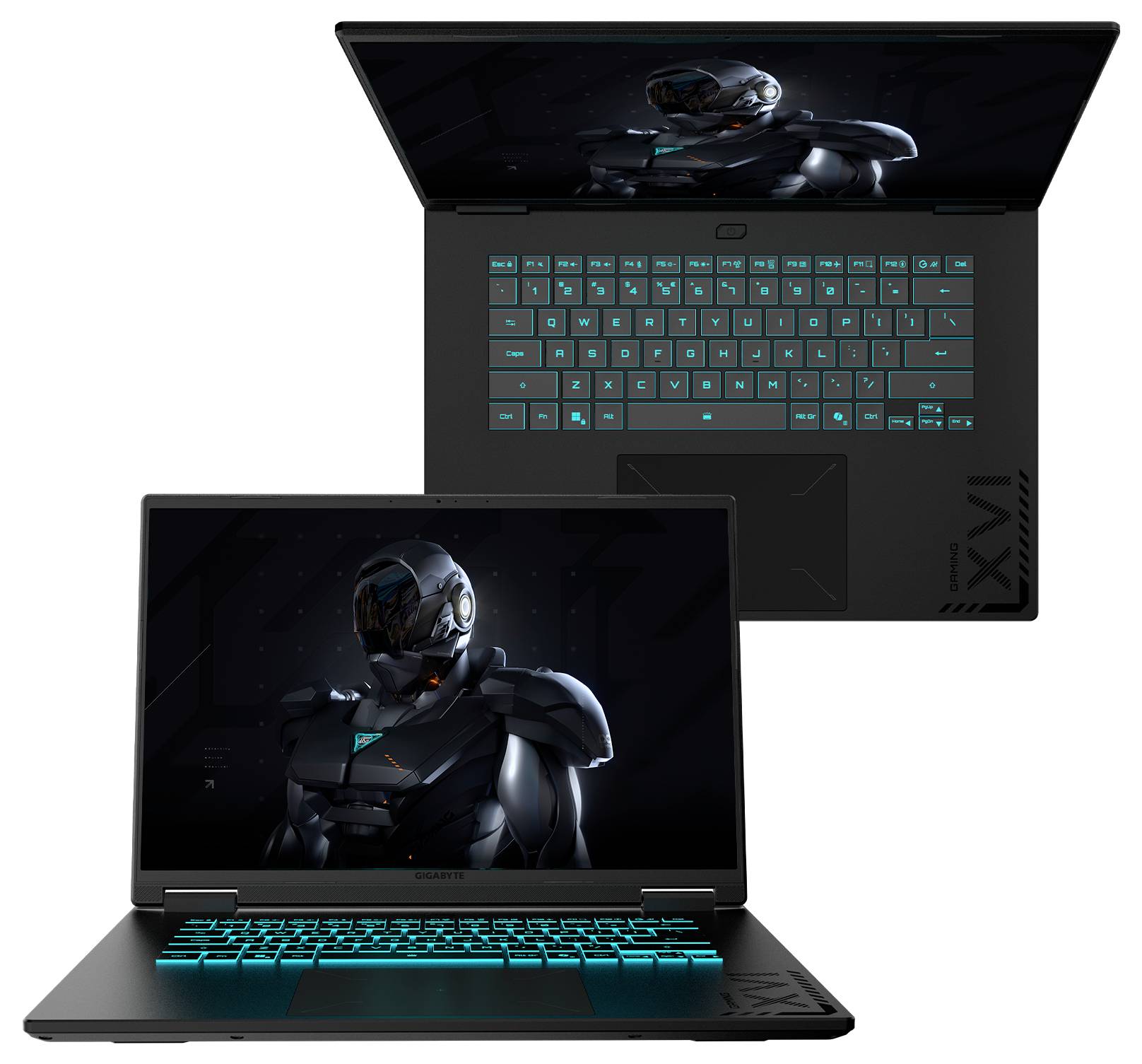 Deux ordinateurs portables noirs sont présentés ; l'un affiche sur son écran une silhouette futuriste d'une figure blindée. Les deux claviers sont rétroéclairés avec des couleurs bleu-vert.