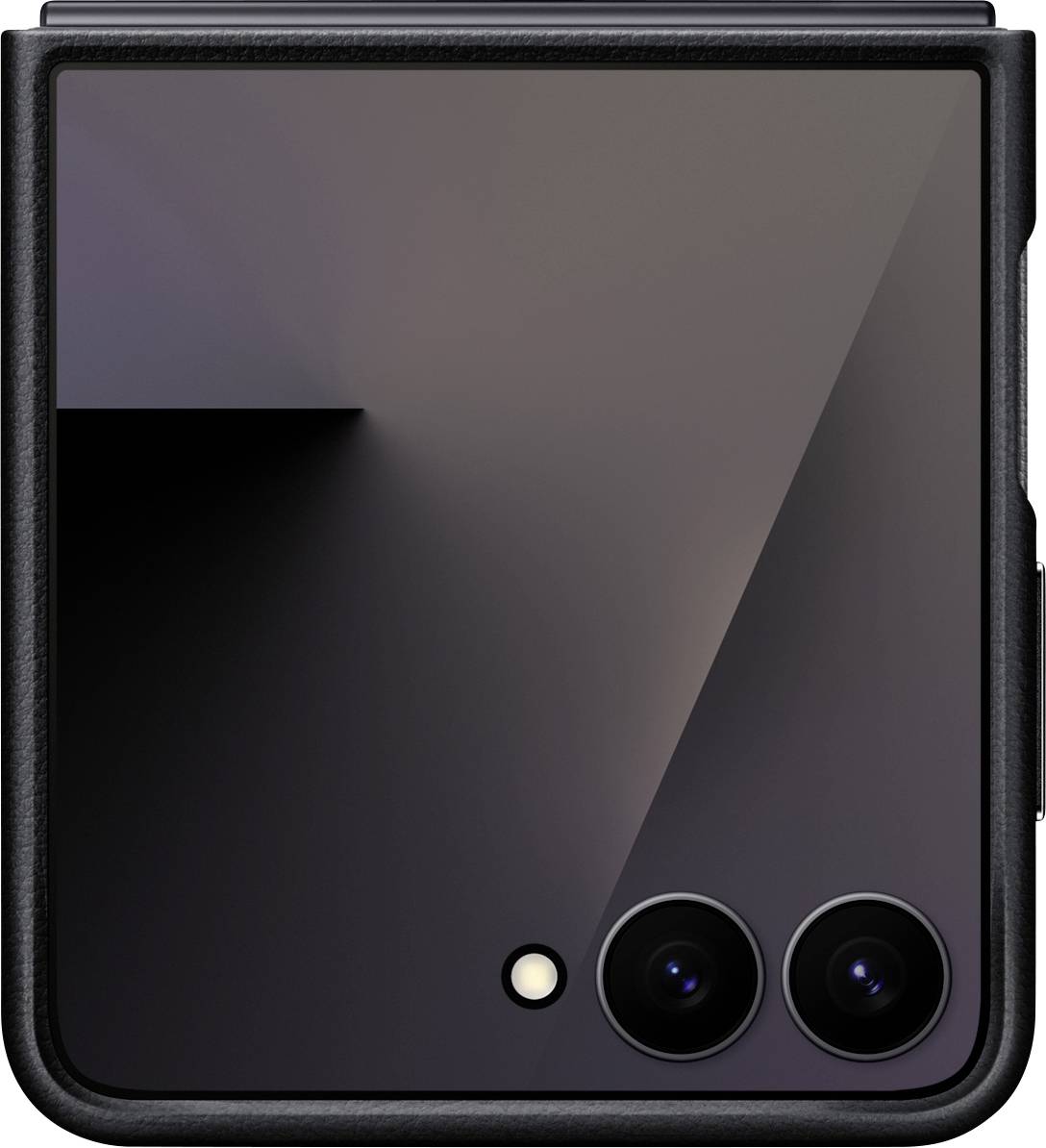 Un gros plan d'un smartphone pliable doté d'un système à double caméra et d'une surface noire élégante et réfléchissante.