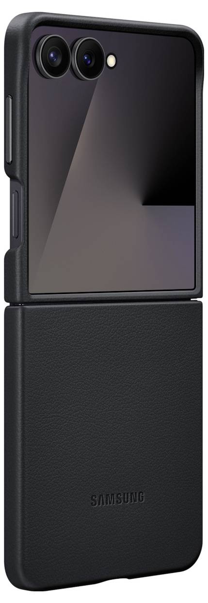 Un smartphone plié à un angle de 90 degrés, avec deux objectifs photo à l'arrière. Le boîtier affiche « Samsung » sur la moitié inférieure.