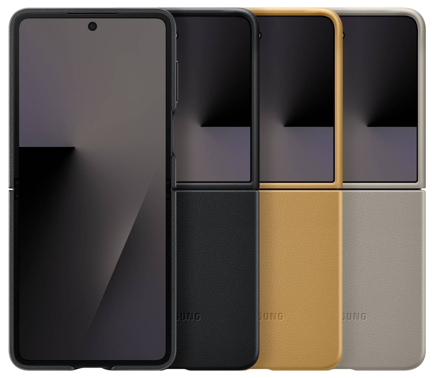 Quatre smartphones dans des étuis de différentes couleurs (noir, marron, beige) sont présentés en ligne, ouverts et affichant des écrans abstraits noirs similaires.