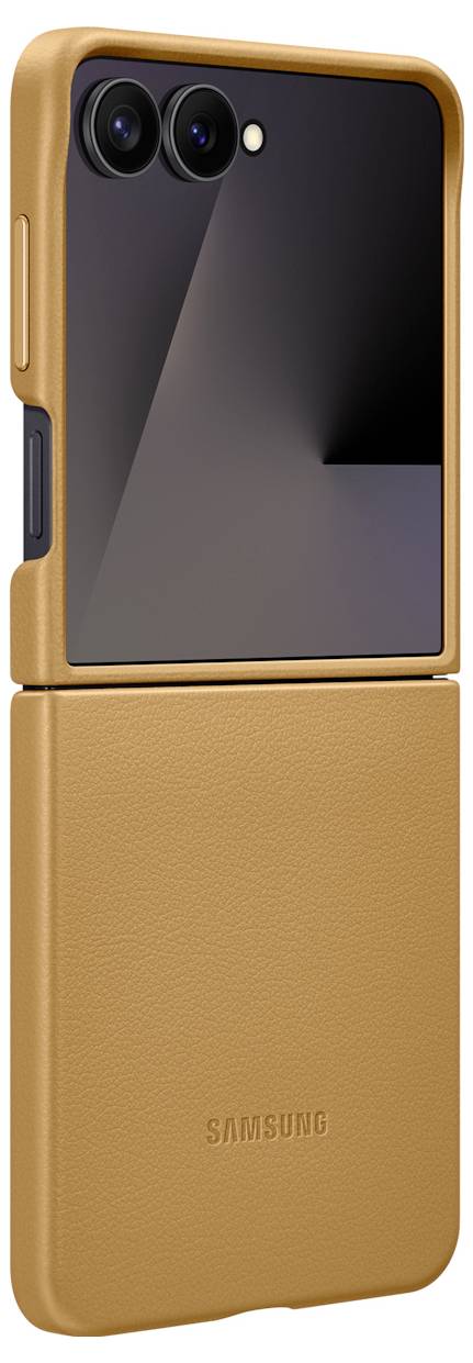 Un étui pour téléphone Samsung de couleur bronzée, avec une finition texturée, présentant deux grandes découpes pour les objectifs de l'appareil photo dans le coin supérieur gauche.