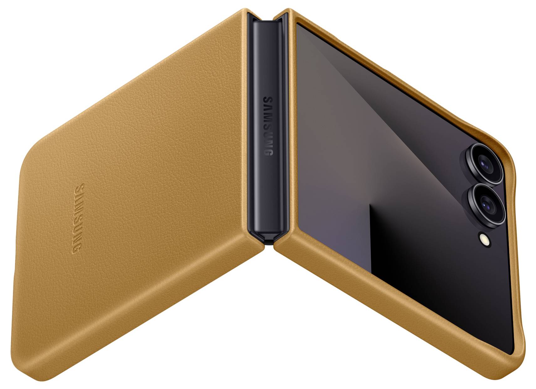 Un smartphone pliable partiellement ouvert, doté d'un système de double caméra arrière et d'un étui en cuir tanné.