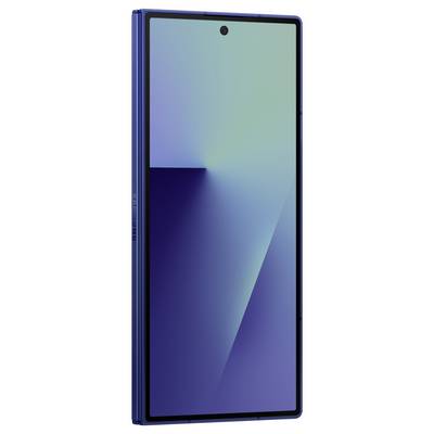 Un smartphone au design élégant, doté d'un écran sans bordures et d'un appareil photo frontal centré en haut. L'écran affiche un motif dégradé.
