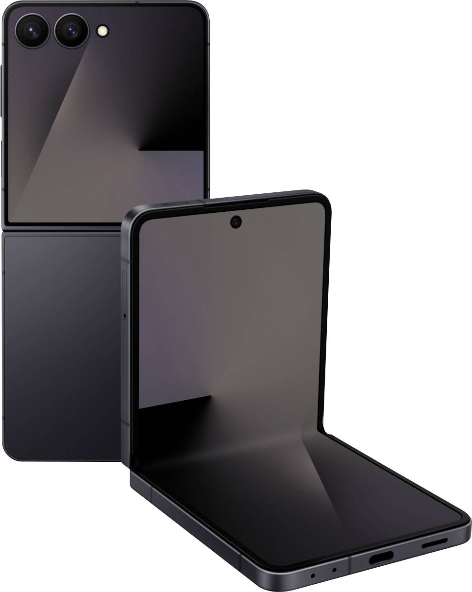 Deux smartphones à clapet modernes et sombres sont présentés. L'un est ouvert, dévoilant son écran, tandis que l'autre est fermé, montrant son dos avec un double système de caméras.