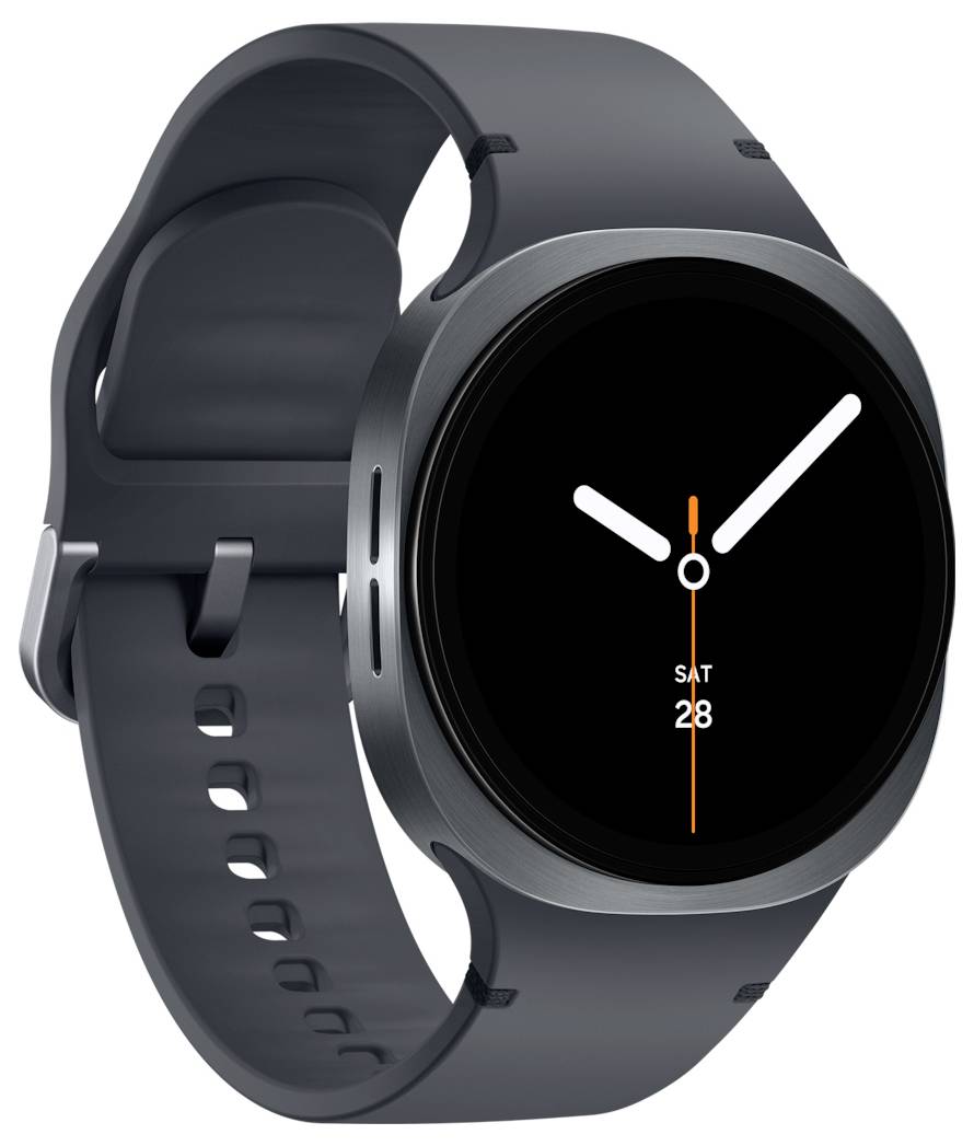 Une montre connectée élégante et moderne avec un bracelet gris foncé et un cadran rond noir affichant des aiguilles minimalistes et la date « Sam 28 ».