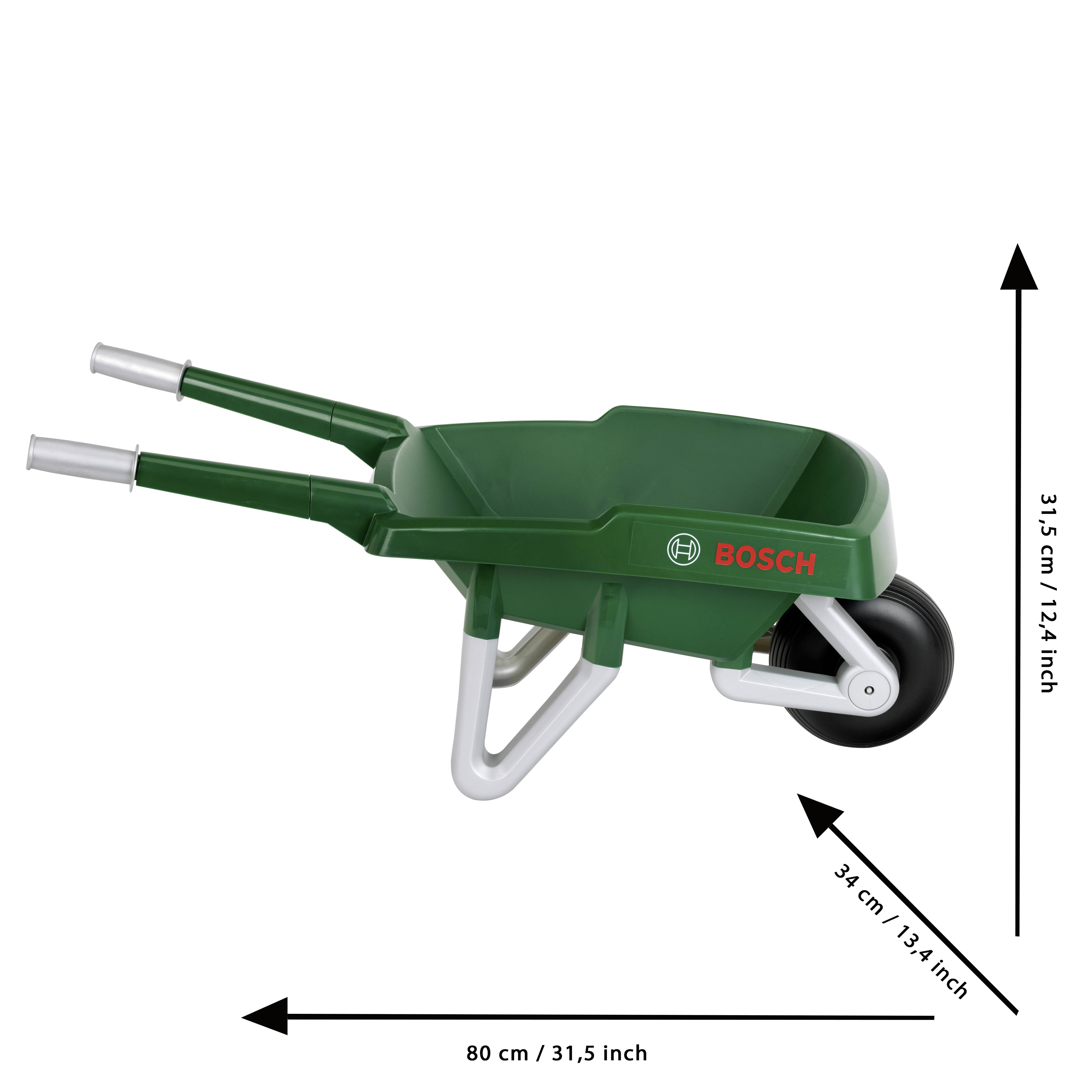 Brouette jouet verte BOSCH : dimensions 80 cm de longueur, 31,5 cm de hauteur, diamètre de roue de 3,4 cm ; poignées en métal, une seule roue avant.