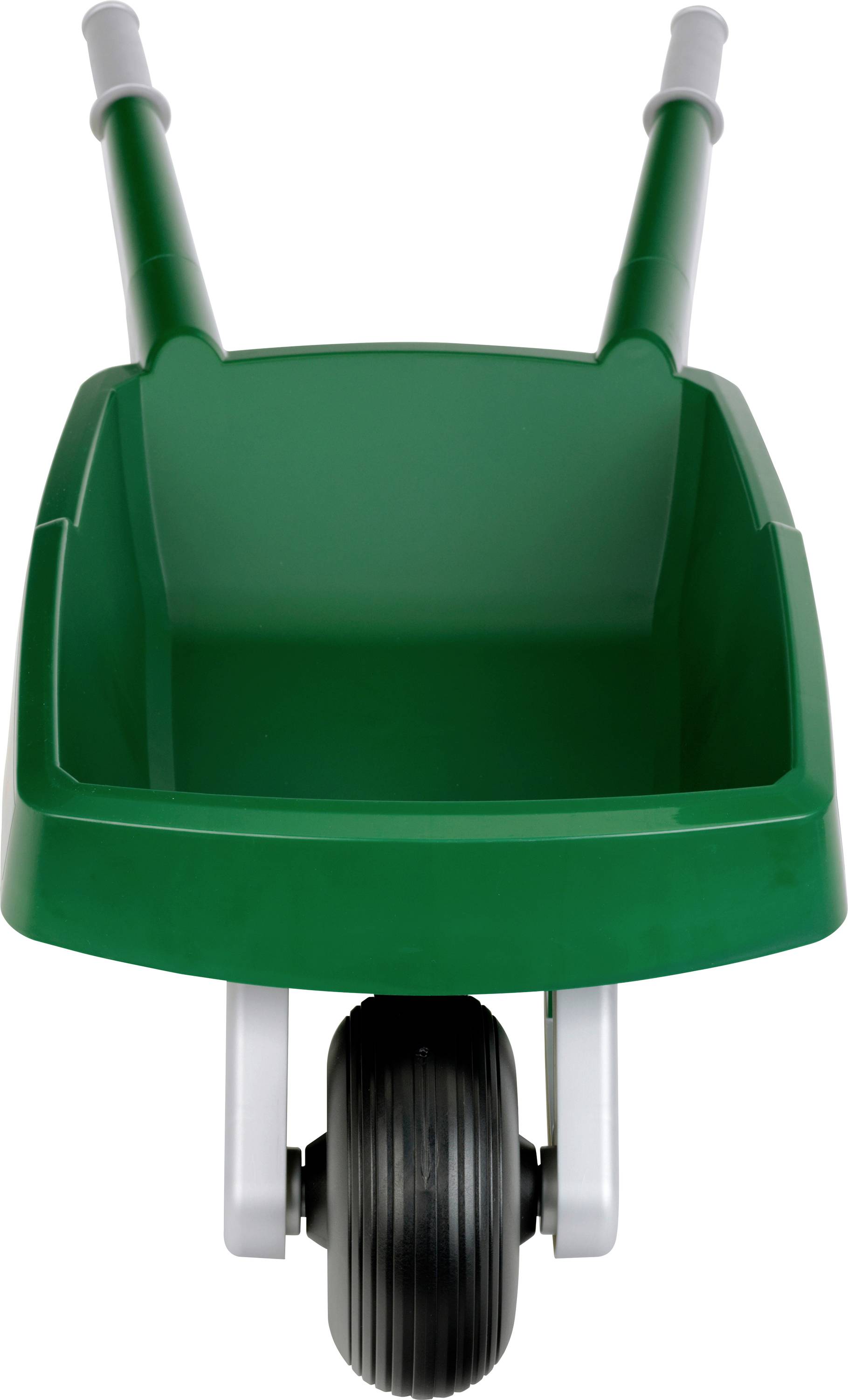 Une brouette verte vue de face, montrant deux poignées et une roue unique noire.