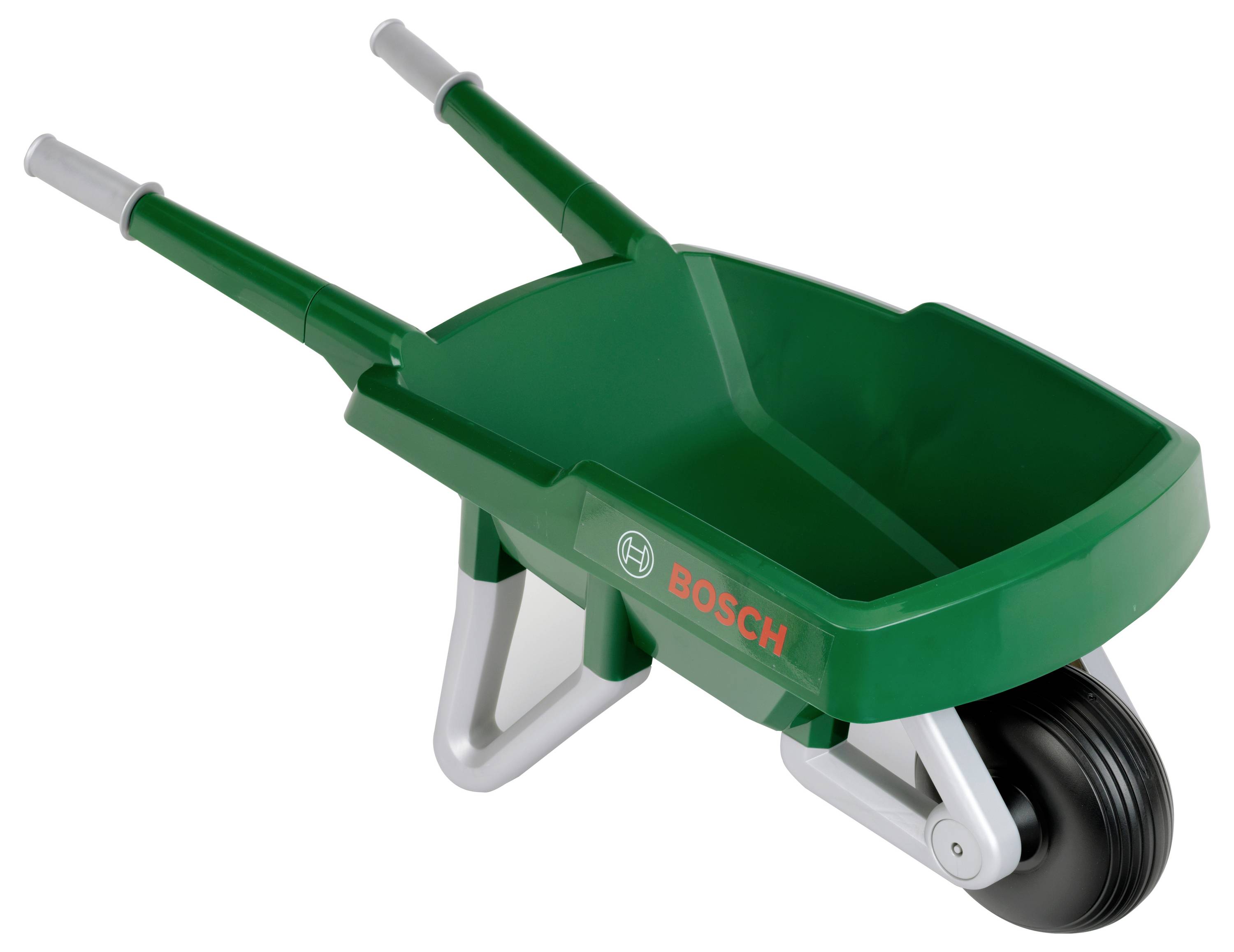 Une brouette verte avec deux poignées, une seule roue à l'avant, portant la marque 'Bosch' visible sur le côté.