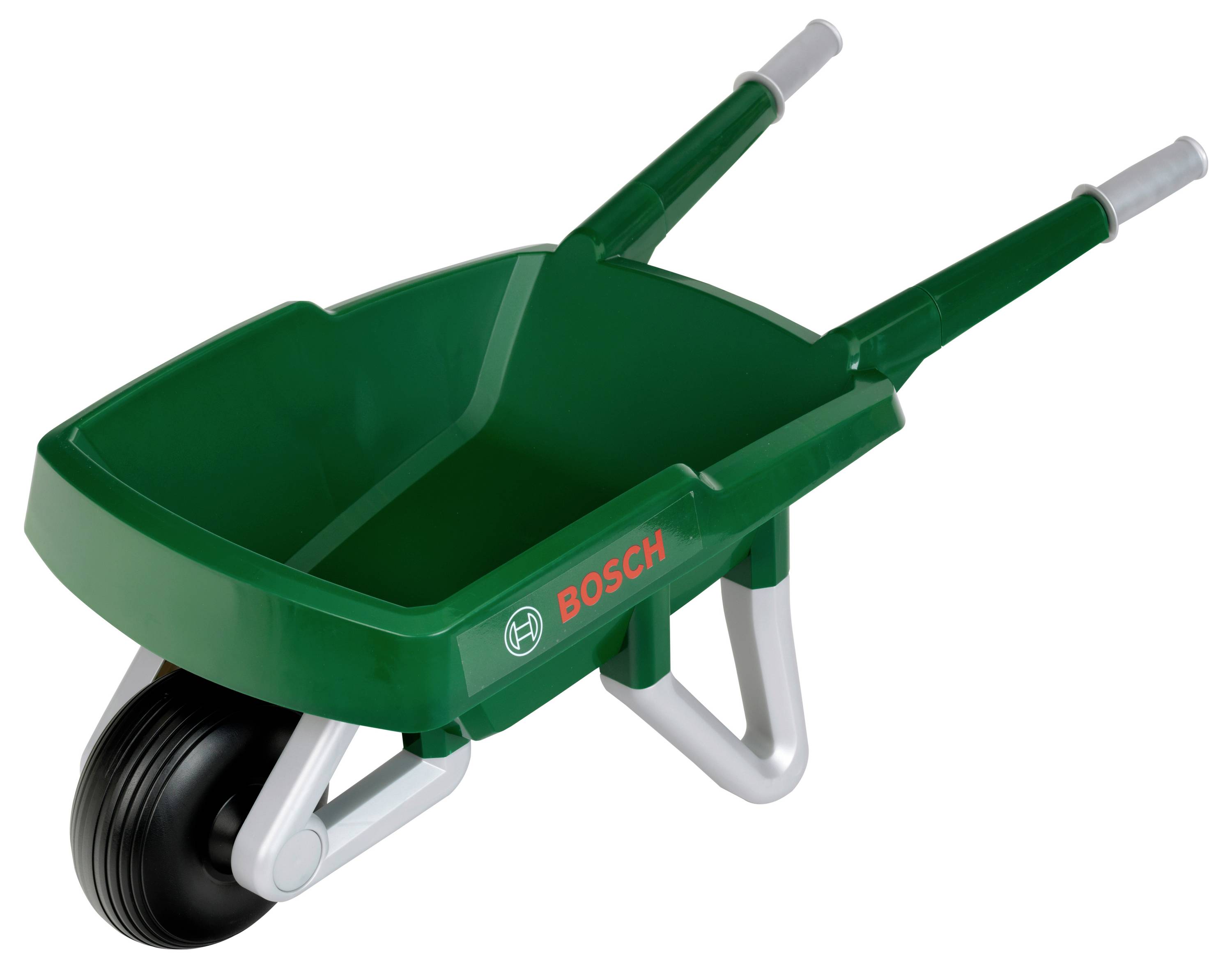 Brouette verte pour enfants de la marque Bosch, dotée d'une roue avant unique et de deux poignées, conçue pour les jeux en extérieur.