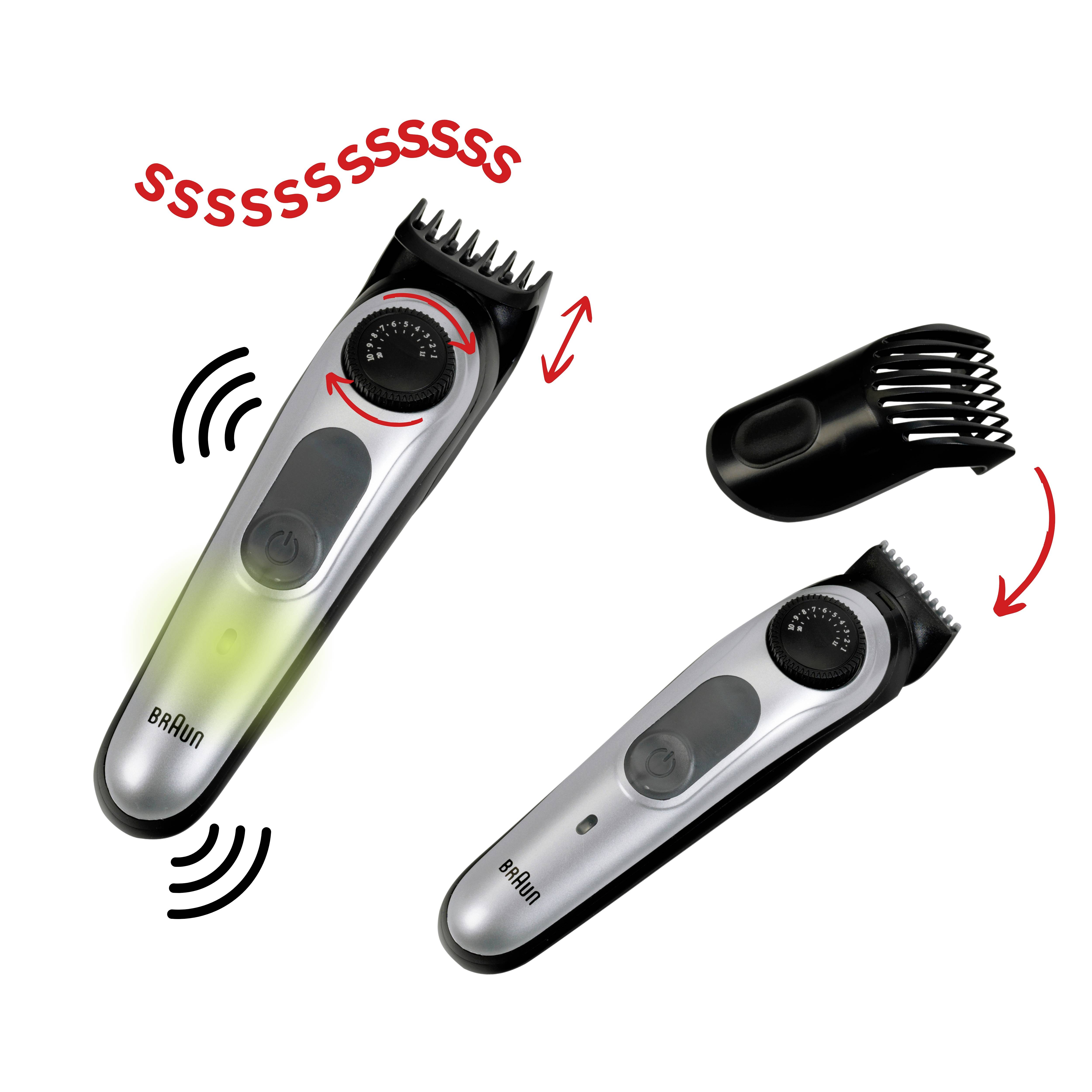 Tondeuse à cheveux électrique avec molette de réglage et peigne amovible, indiquant le bruit de coupe par le texte "ssssssssss" et des lignes ondulées.