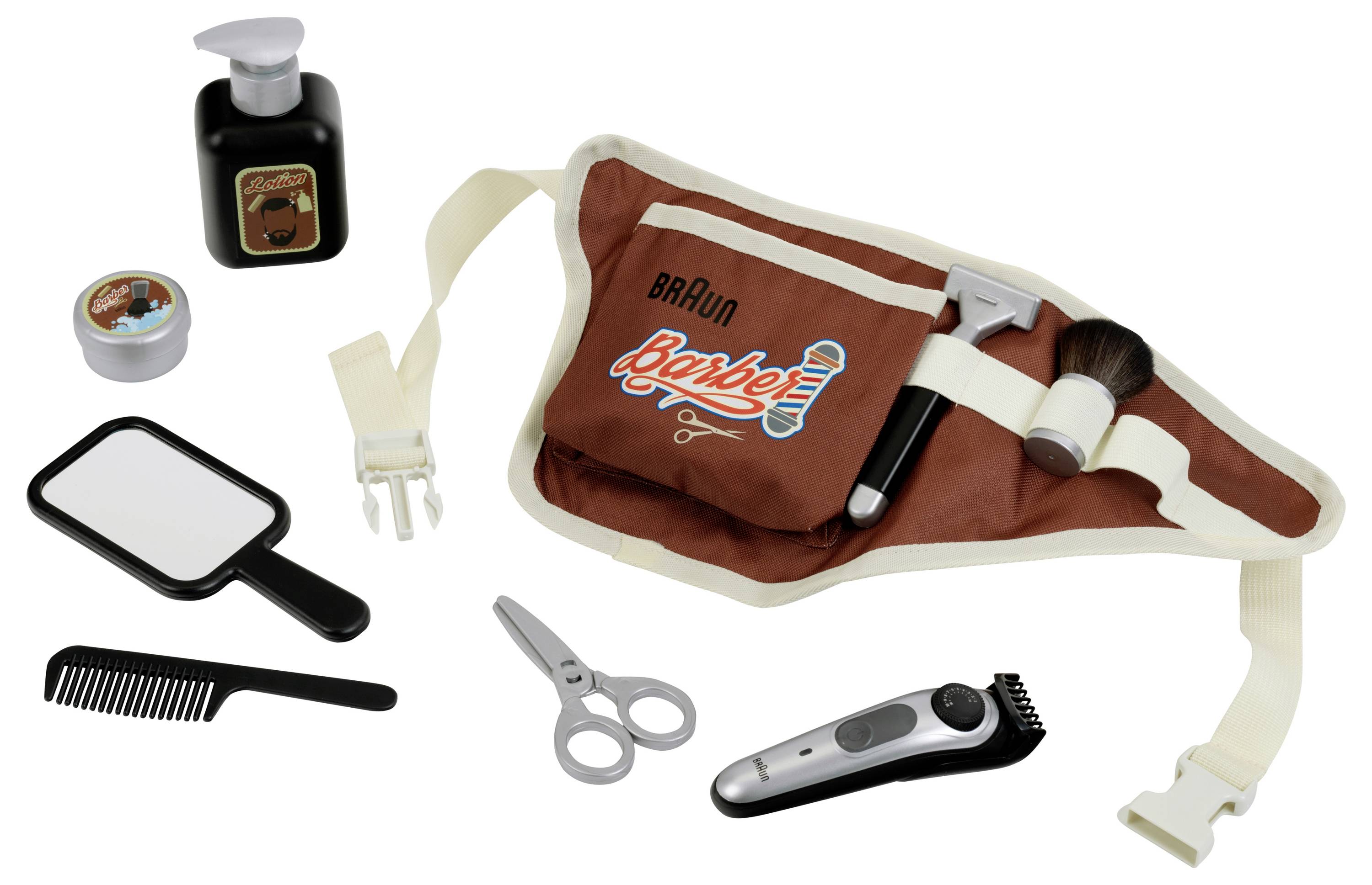 Trousse de barbier comprenant un tablier, des ciseaux, un blaireau, un rasoir, un peigne, un miroir et des produits de toilette.