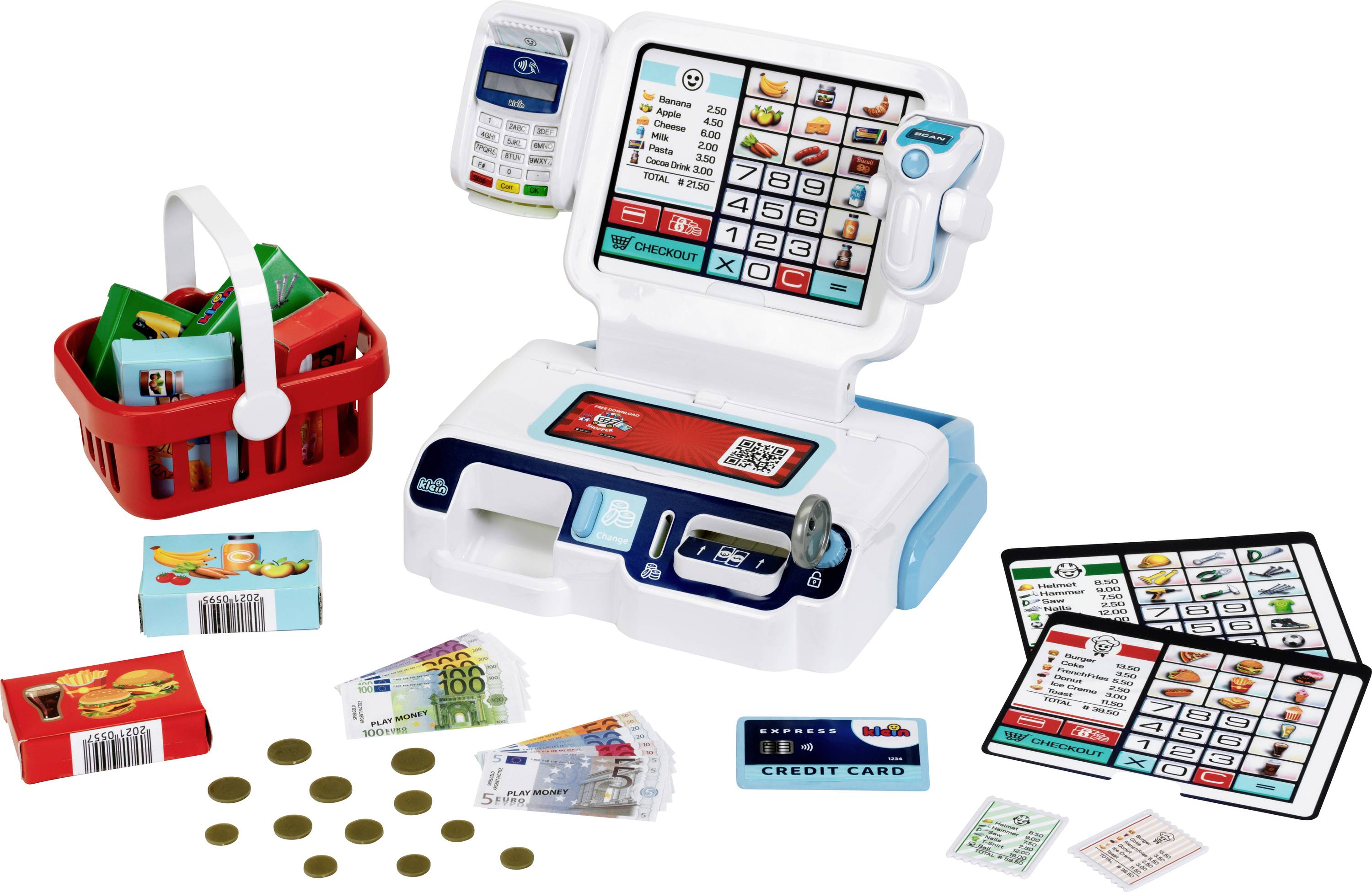 Theo Klein 7265 Caisse self-service I Scanner avec lumière & son I Display pour 3 thèmes I Panier, argent de jeu, etc. I