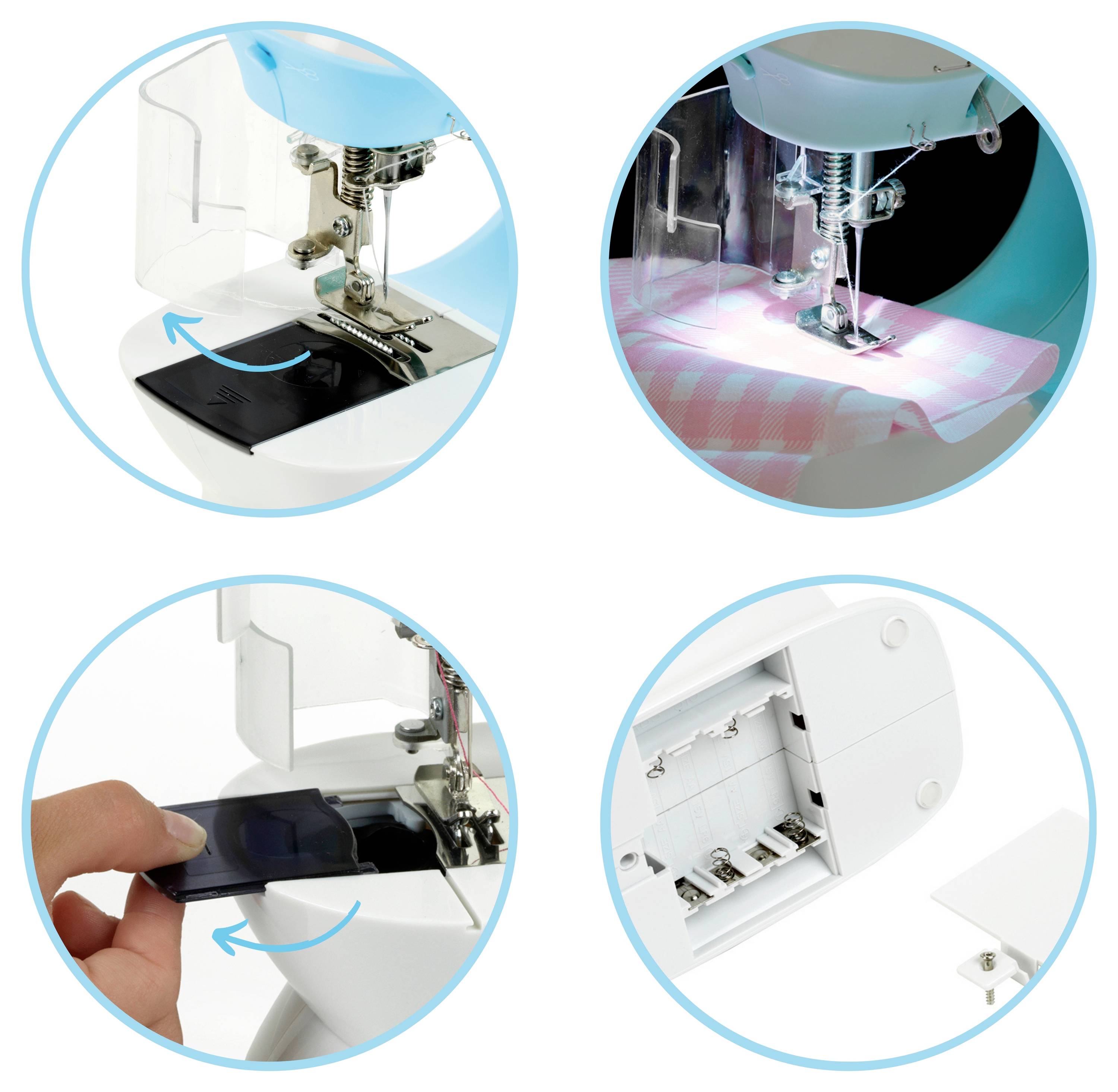 Quatre images présentent différentes caractéristiques d'une machine à coudre : la zone de l'aiguille avec du tissu sous le pied-de-biche, un porte-canette vide, l'insertion d'une canette, et une vue du mécanisme interne.