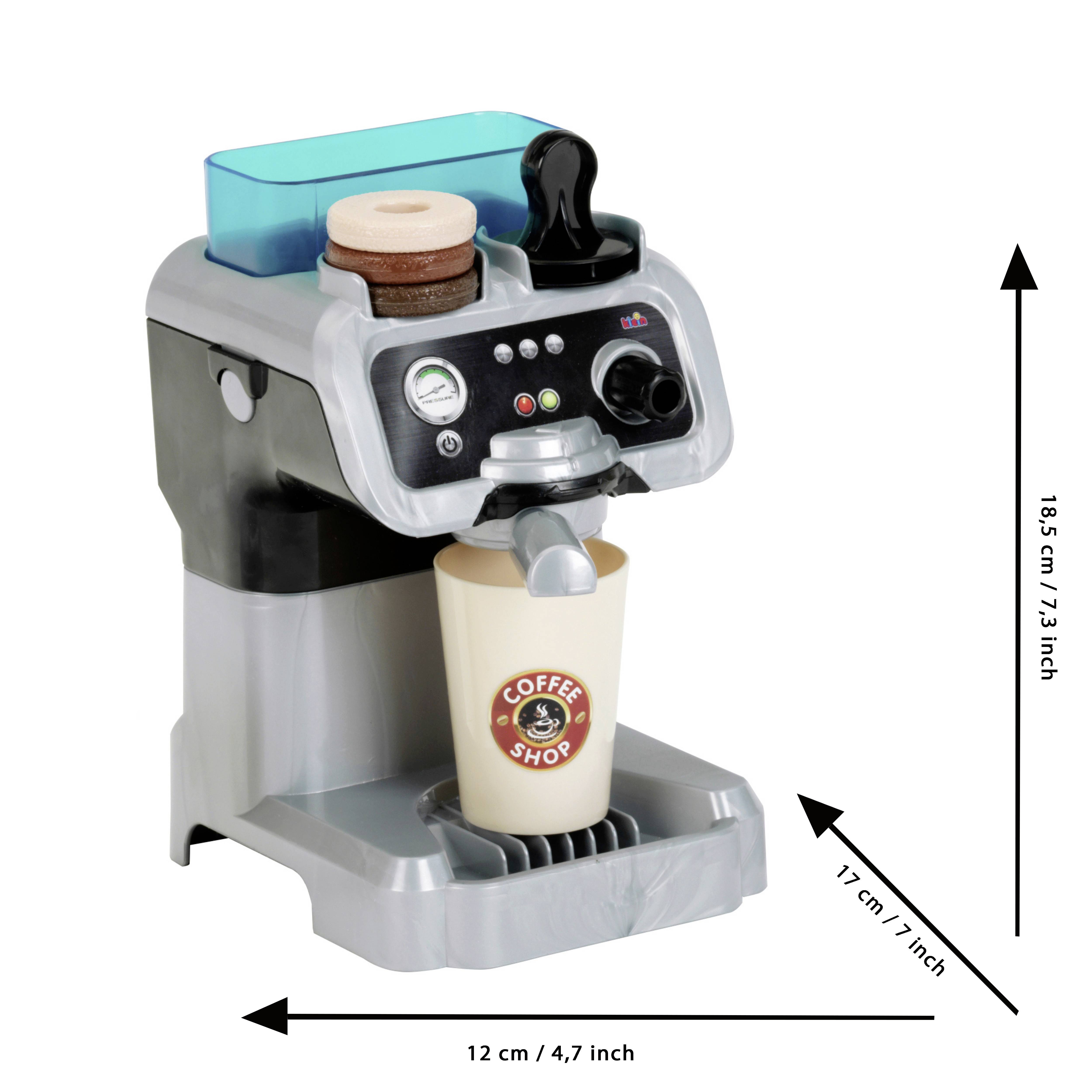 Machine à café jouet avec une tasse et des mesures étiquetées : 18,5 cm de hauteur, 17 cm de profondeur, 12 cm de largeur.