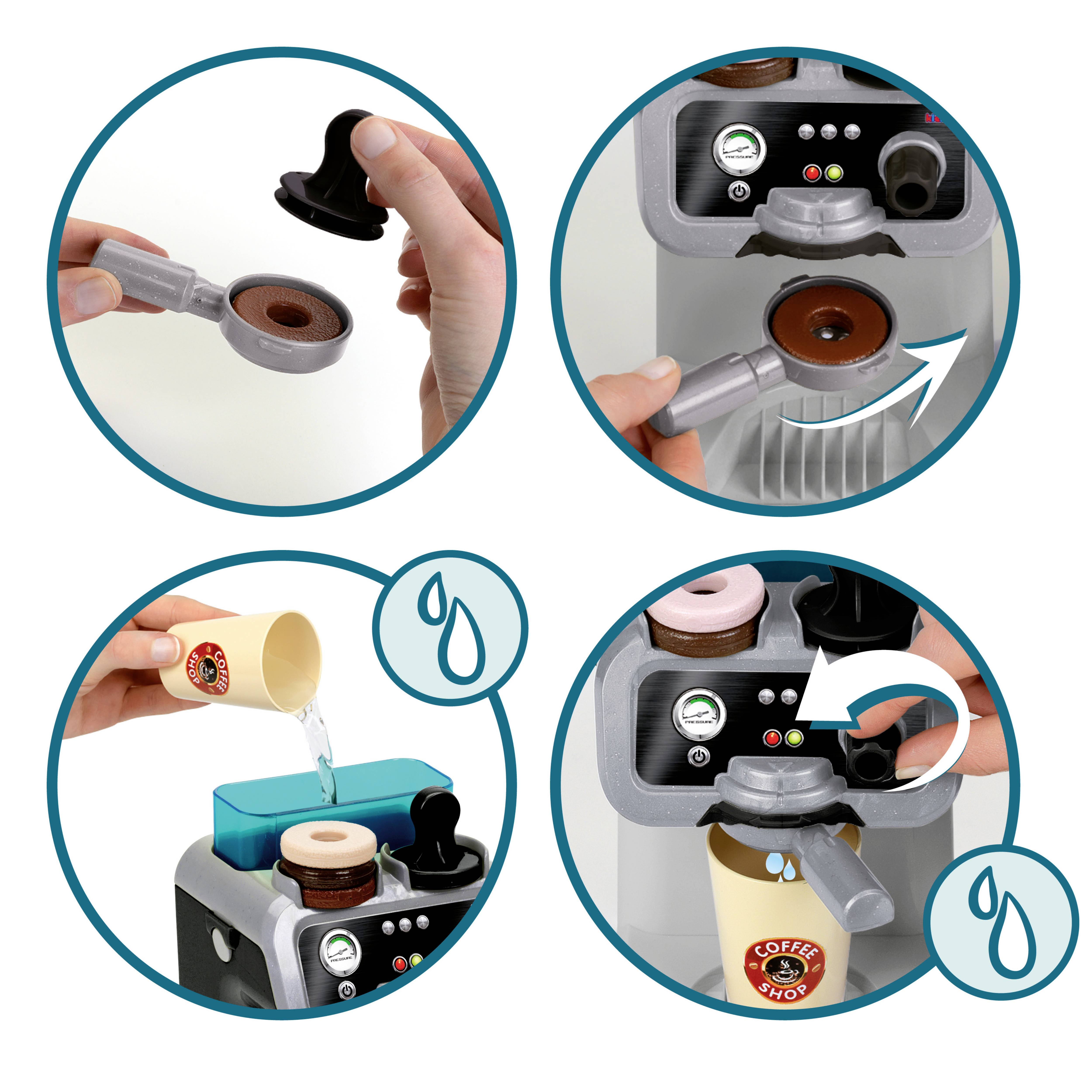 Processus en quatre étapes : 1) Insérer la dosette de café dans le porte-filtre. 2) Fixer le porte-filtre à la machine. 3) Verser de l'eau dans le réservoir. 4) Tourner le bouton pour faire couler le café.