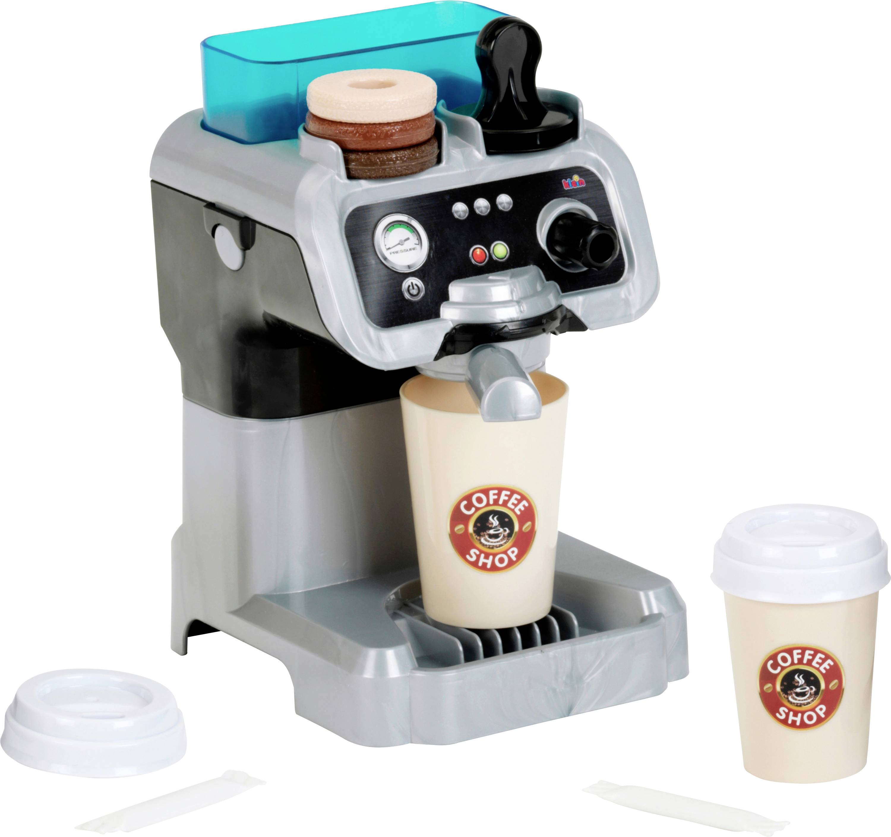 Une machine à café jouet avec des boutons, une tasse étiquetée « Coffee Shop », un couvercle et une cuillère. La conception imite une véritable machine à café.