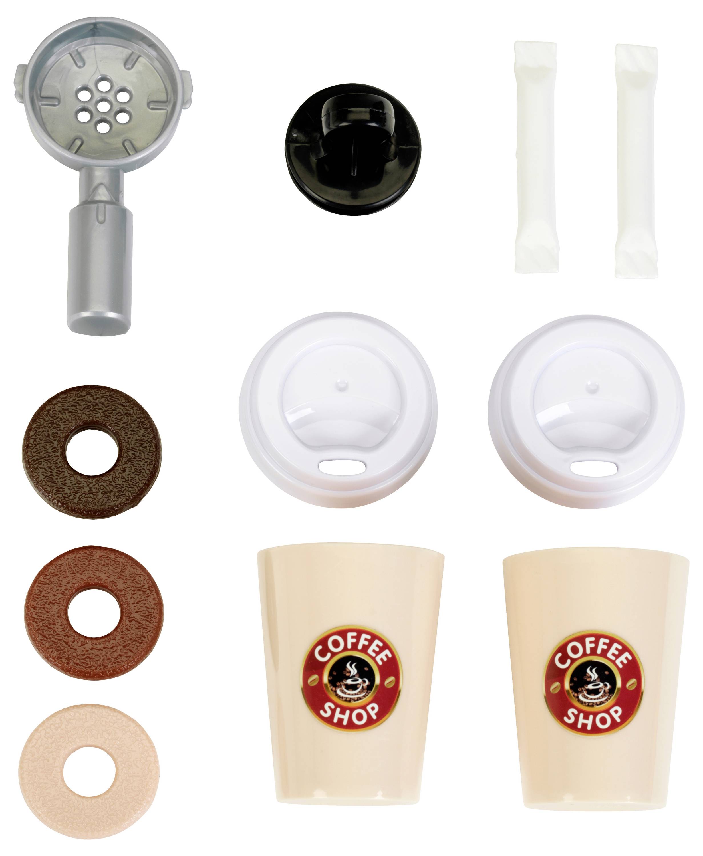 Accessoires de machine à café, comprenant un porte-filtre, un pilon, des couvercles, des tasses avec le logo 'Coffee Shop', des dosettes de café en trois couleurs, et des sachets de sucre.