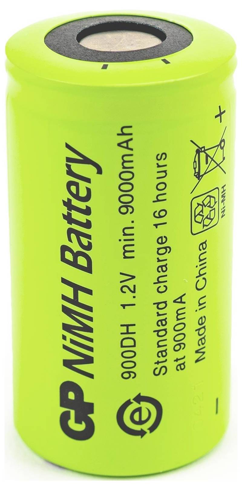 Une batterie NiMH verte avec marqué '9000mAh 1,2V', accompagnée d'icônes de recyclage et de mise en garde. Fabriquée en Chine.