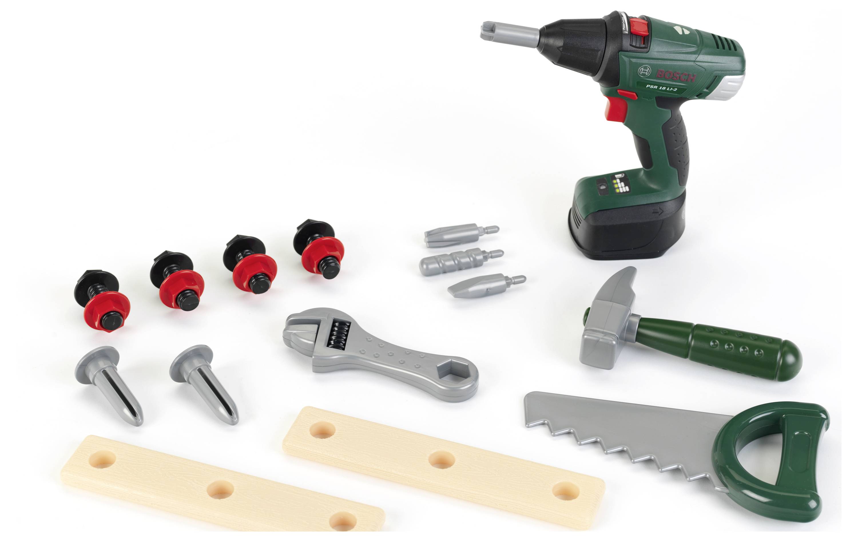 Ensemble d'outils jouets comprenant une perceuse, une clé à molette, une scie, des boulons et des vis sur un fond blanc, conçu pour le jeu des enfants.