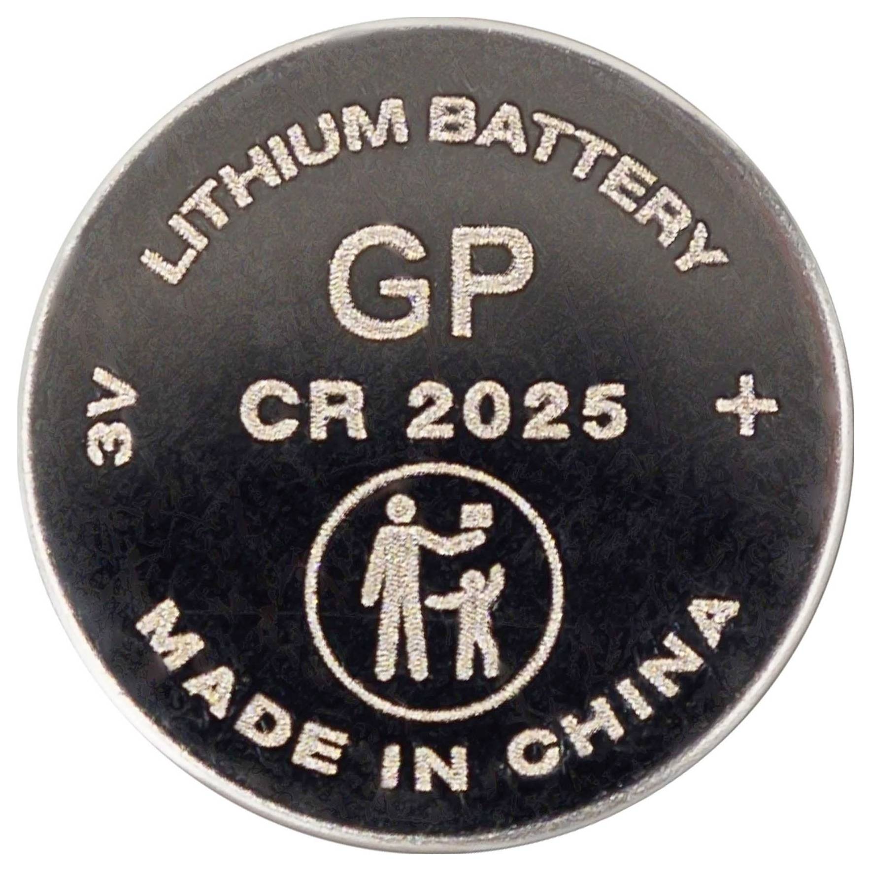 Pile bouton au lithium, ronde, étiquetée « GP CR 2025 3V », portant les mentions « PILE AU LITHIUM » et « FABRIQUÉ EN CHINE ». Comprend un symbole d'avertissement représentant une poubelle barrée.